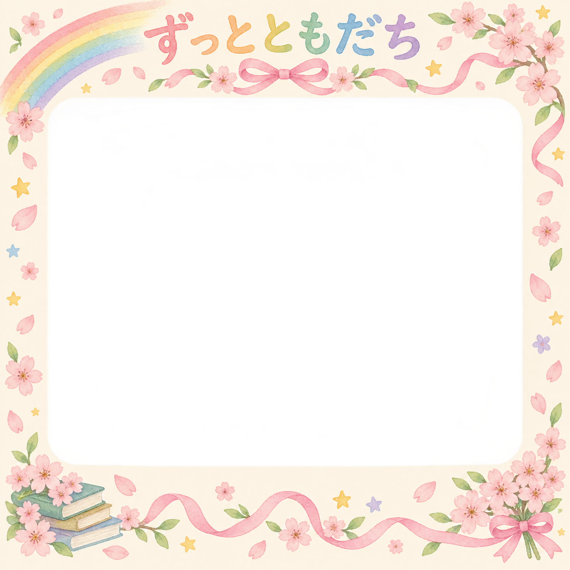桜とリボンの友達との卒園・卒業写真フレーム｜虹と花のガーランド・無料イラスト 100851に写真・文字を入れる