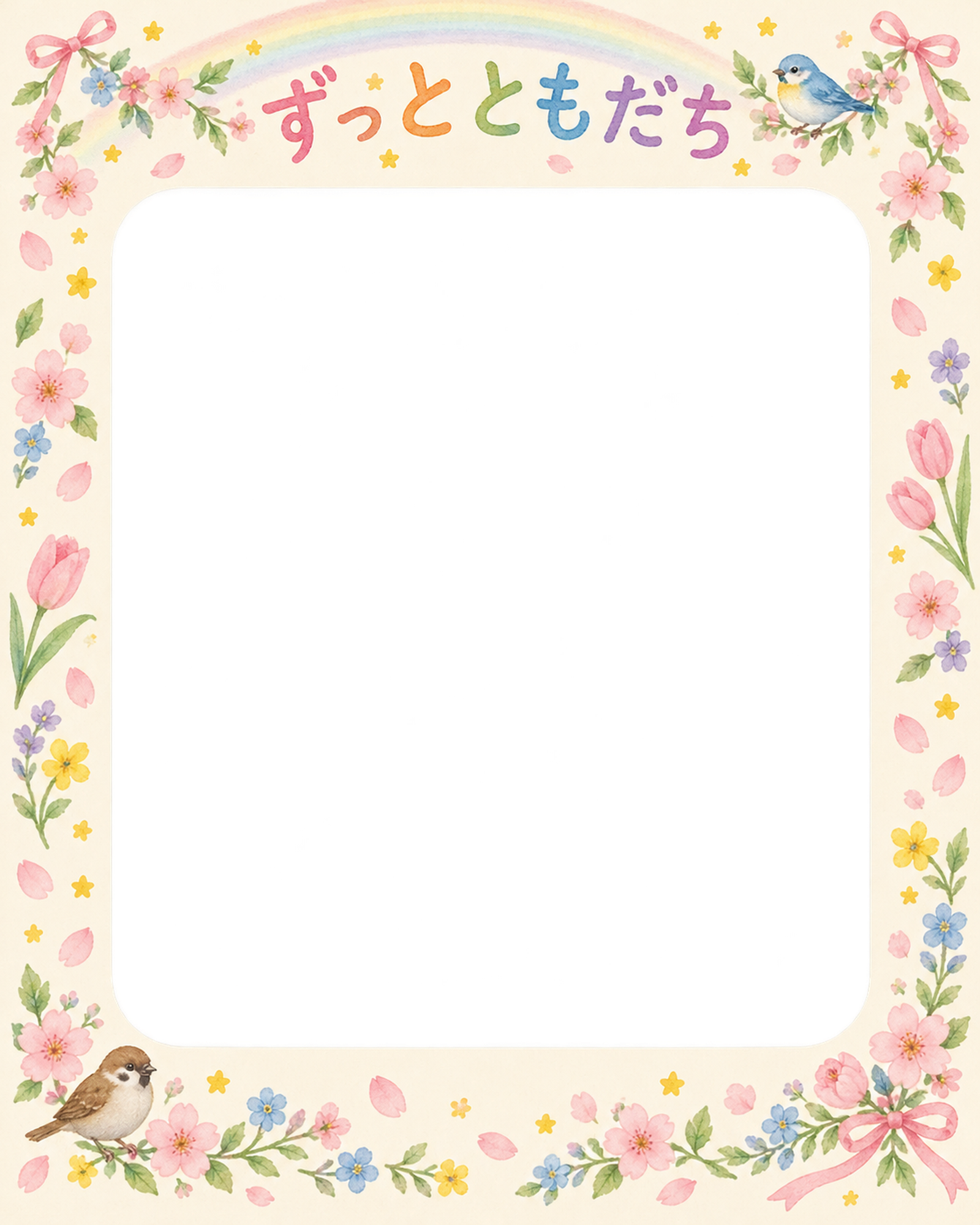 春の花と小鳥の友達との卒園・卒業写真フレーム｜虹と花のガーランド・無料イラスト 100852に写真・文字を入れる