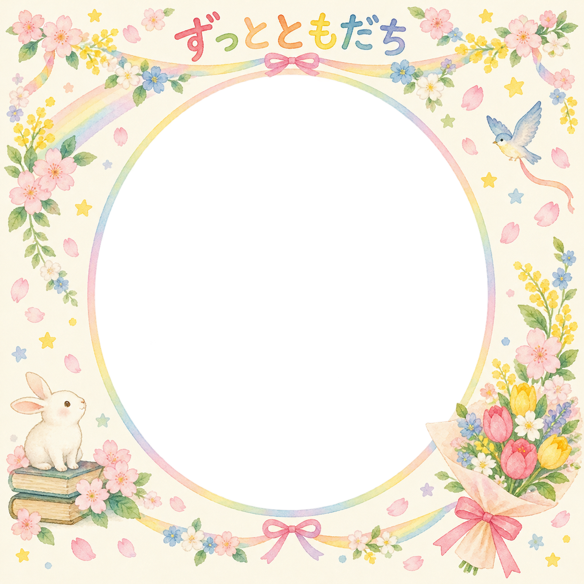 贈る花束の友達との卒園・卒業写真フレーム｜虹と花のガーランド・無料イラスト 100853に写真・文字を入れる