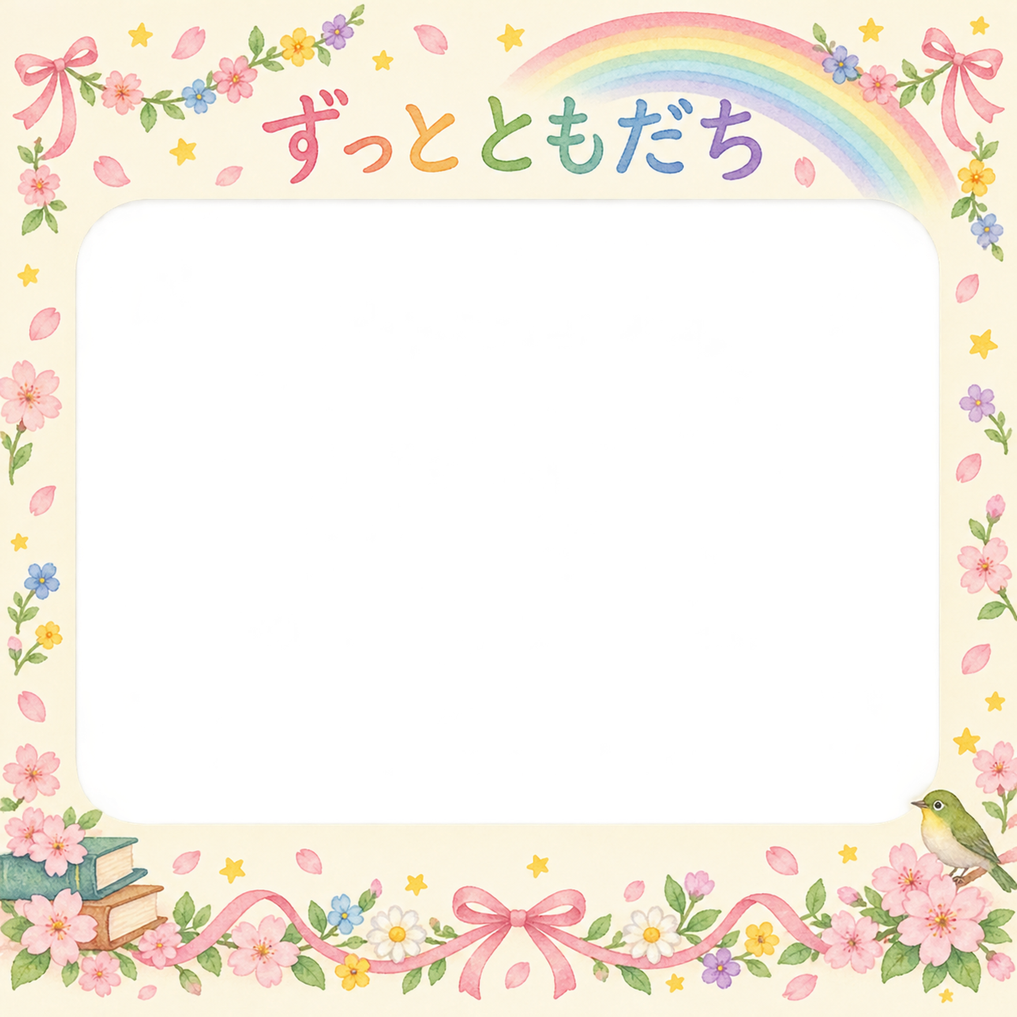 花のガーランドの友達との卒園・卒業写真フレーム｜虹と花のガーランド・無料イラスト 100854に写真・文字を入れる