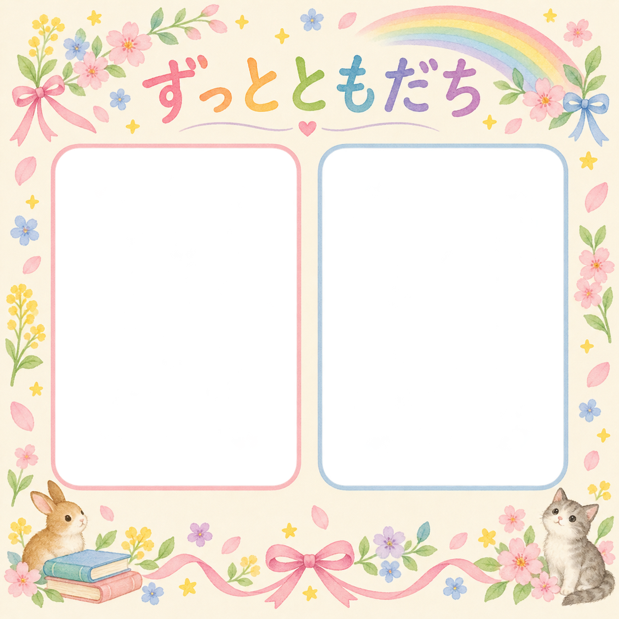 ふたつの思い出の友達との卒園・卒業写真フレーム｜虹と花のガーランド・無料イラスト 100855に写真・文字を入れる