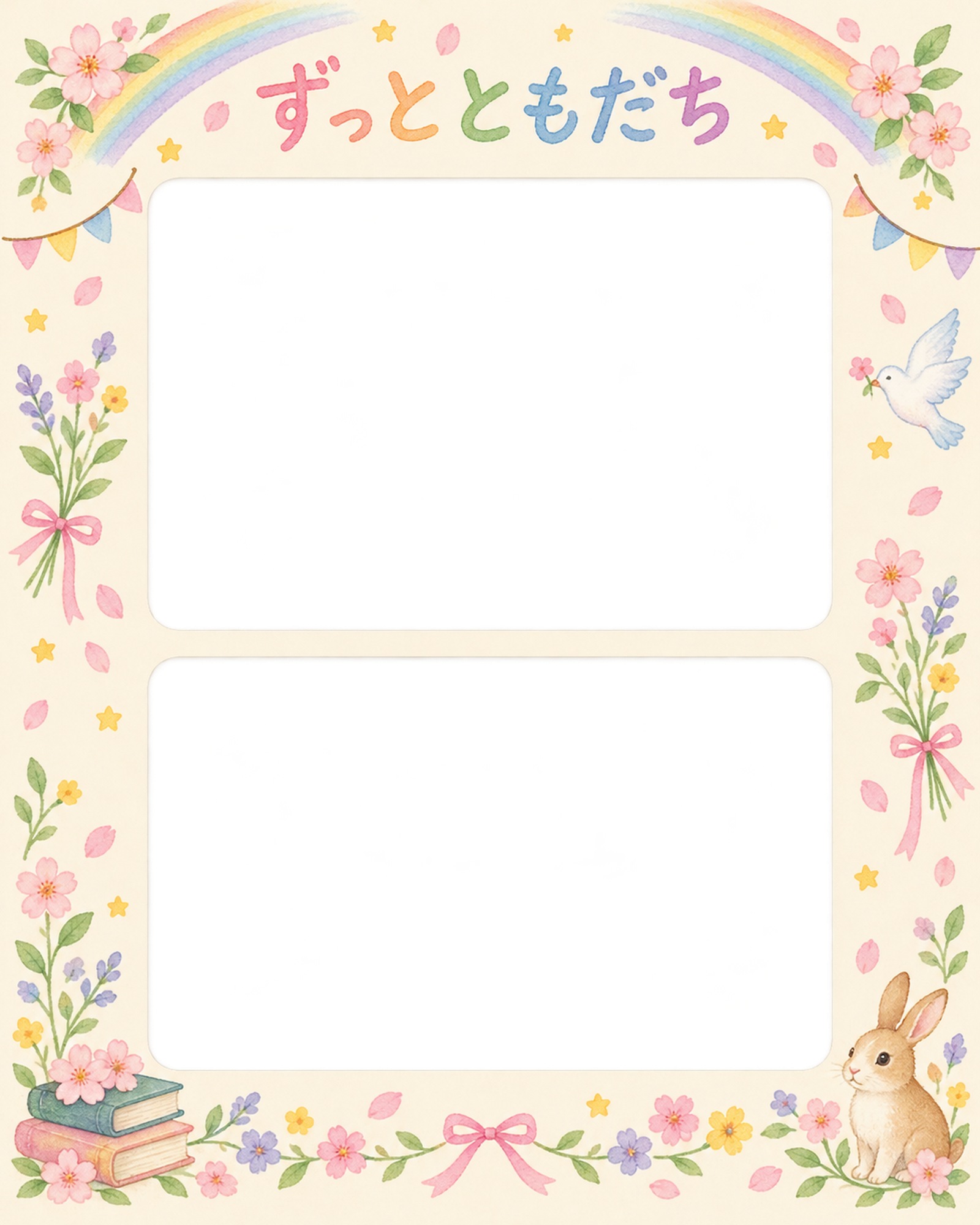 縦に並ぶ記念写真の友達との卒園・卒業写真フレーム｜虹と花のガーランド・無料イラスト 100856に写真・文字を入れる