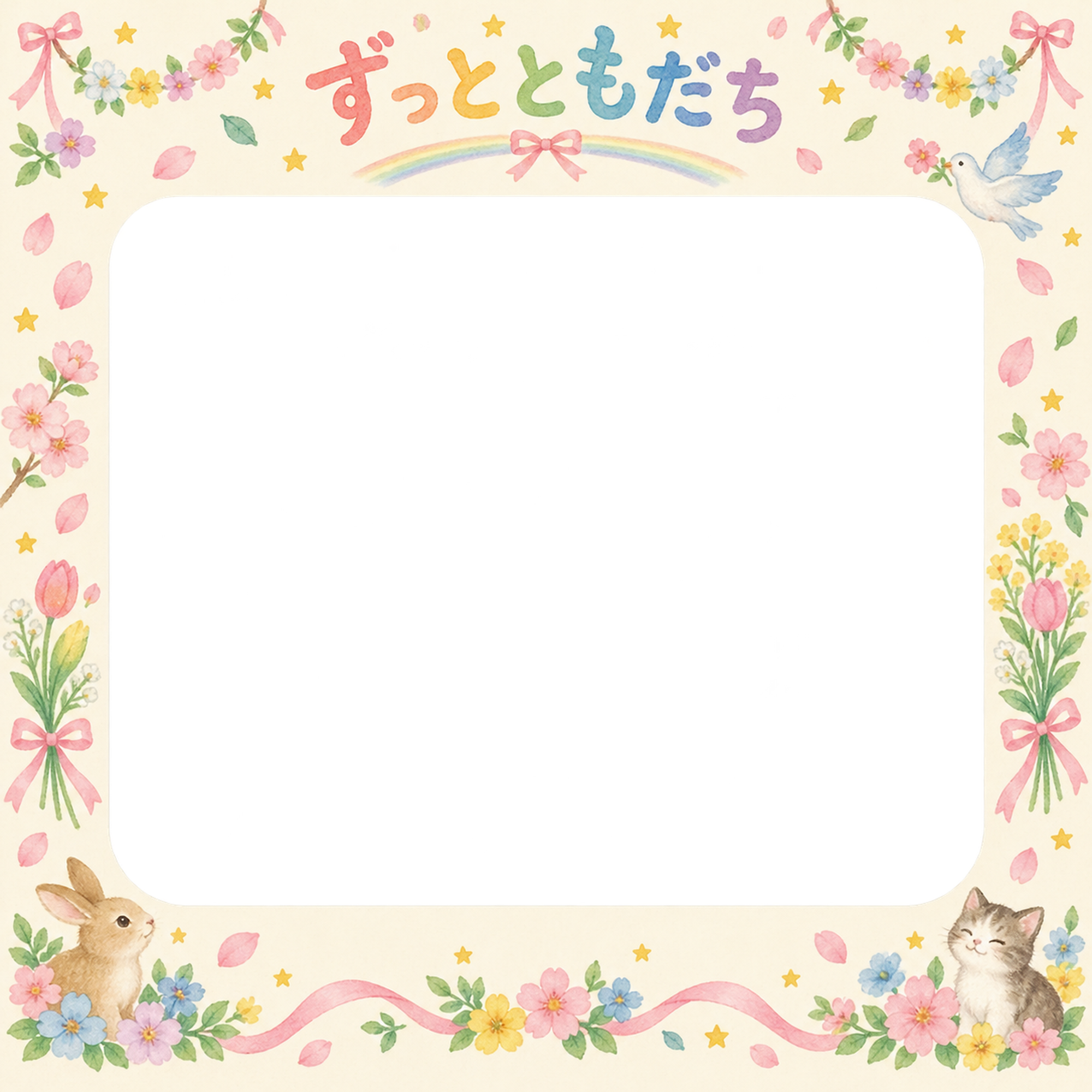 花とお祝い飾りの友達との卒園・卒業写真フレーム｜虹と花のガーランド・無料イラスト 100857に写真・文字を入れる