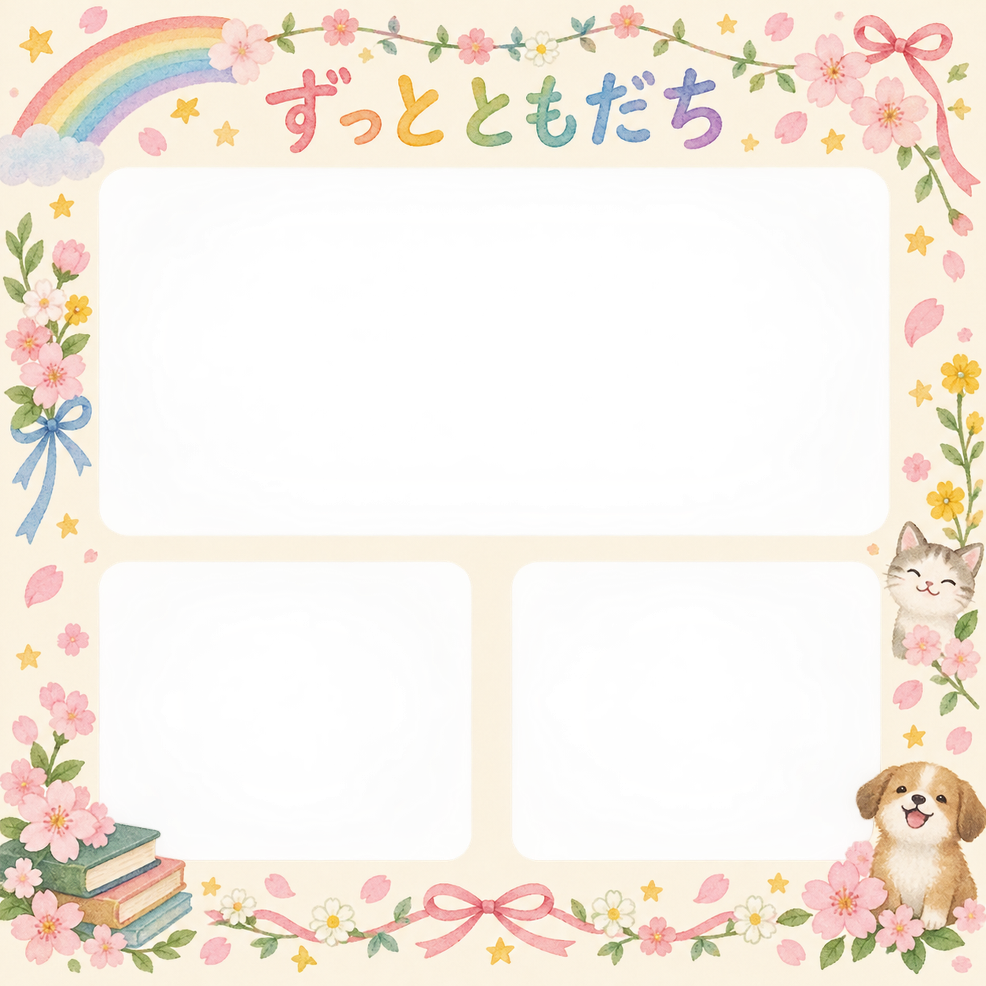 みんなの思い出の友達との卒園・卒業写真フレーム｜虹と花のガーランド・無料イラスト 100858に写真・文字を入れる