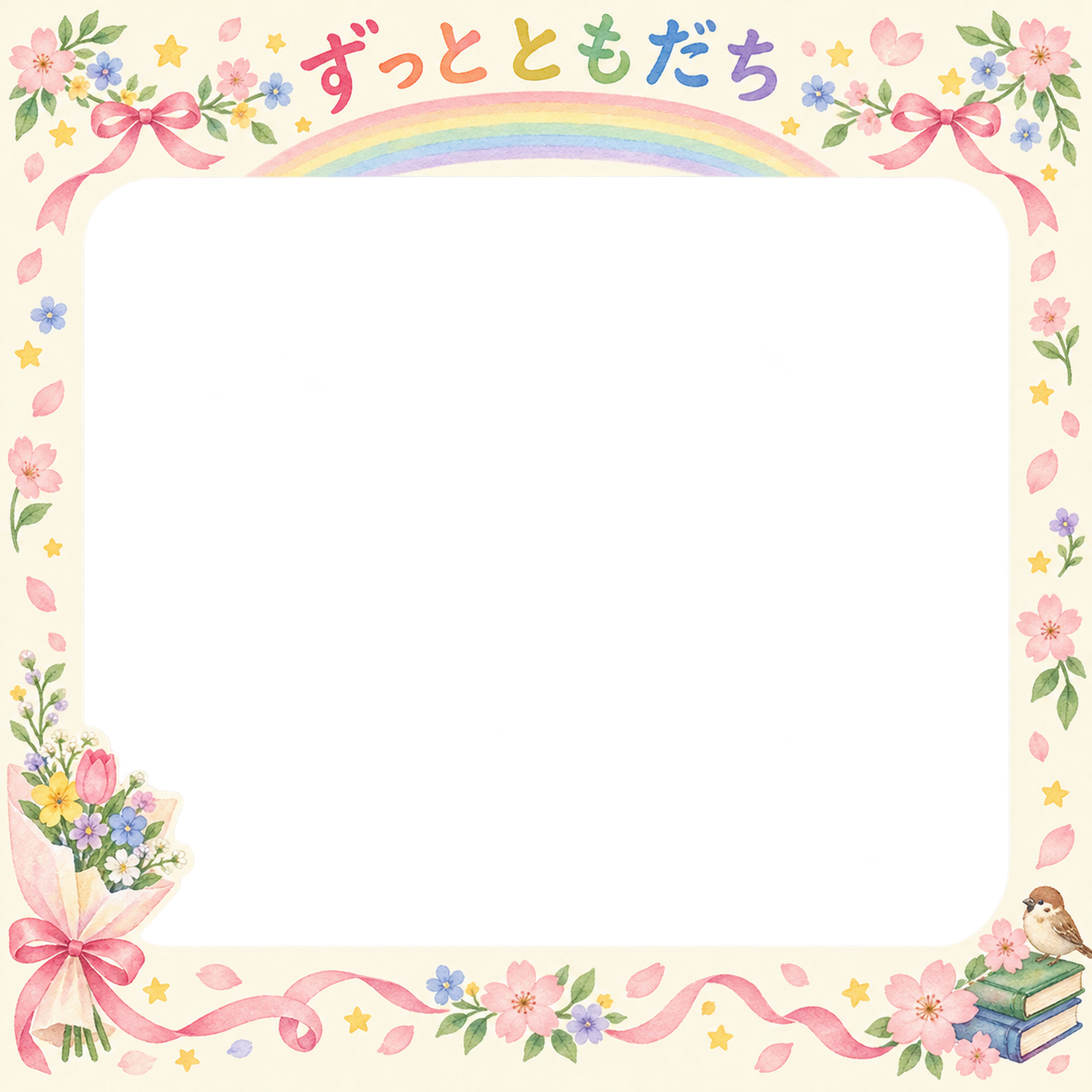 花束とリボンの友達との卒園・卒業写真フレーム｜虹と花のガーランド・無料イラスト 100860に写真・文字を入れる
