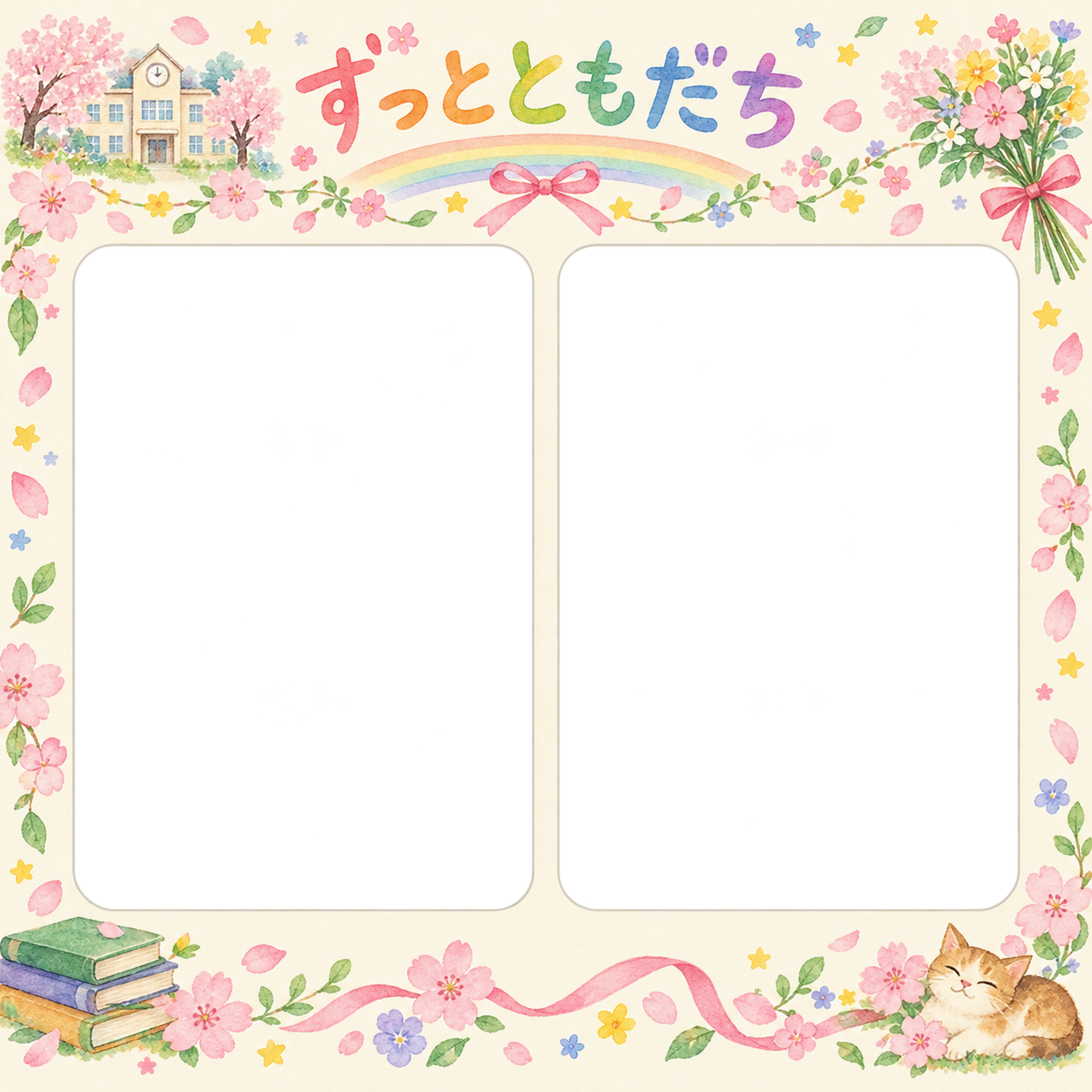 並んだ記念写真の友達との卒園・卒業写真フレーム｜虹と花のガーランド・無料イラスト 100861に写真・文字を入れる