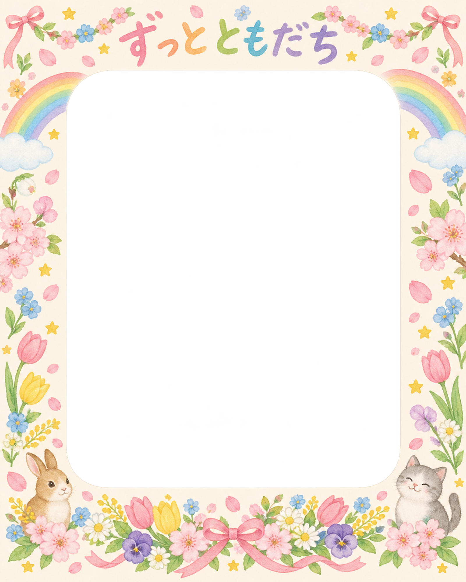 春の花輪の友達との卒園・卒業写真フレーム｜虹と花のガーランド・無料イラスト 100862に写真・文字を入れる