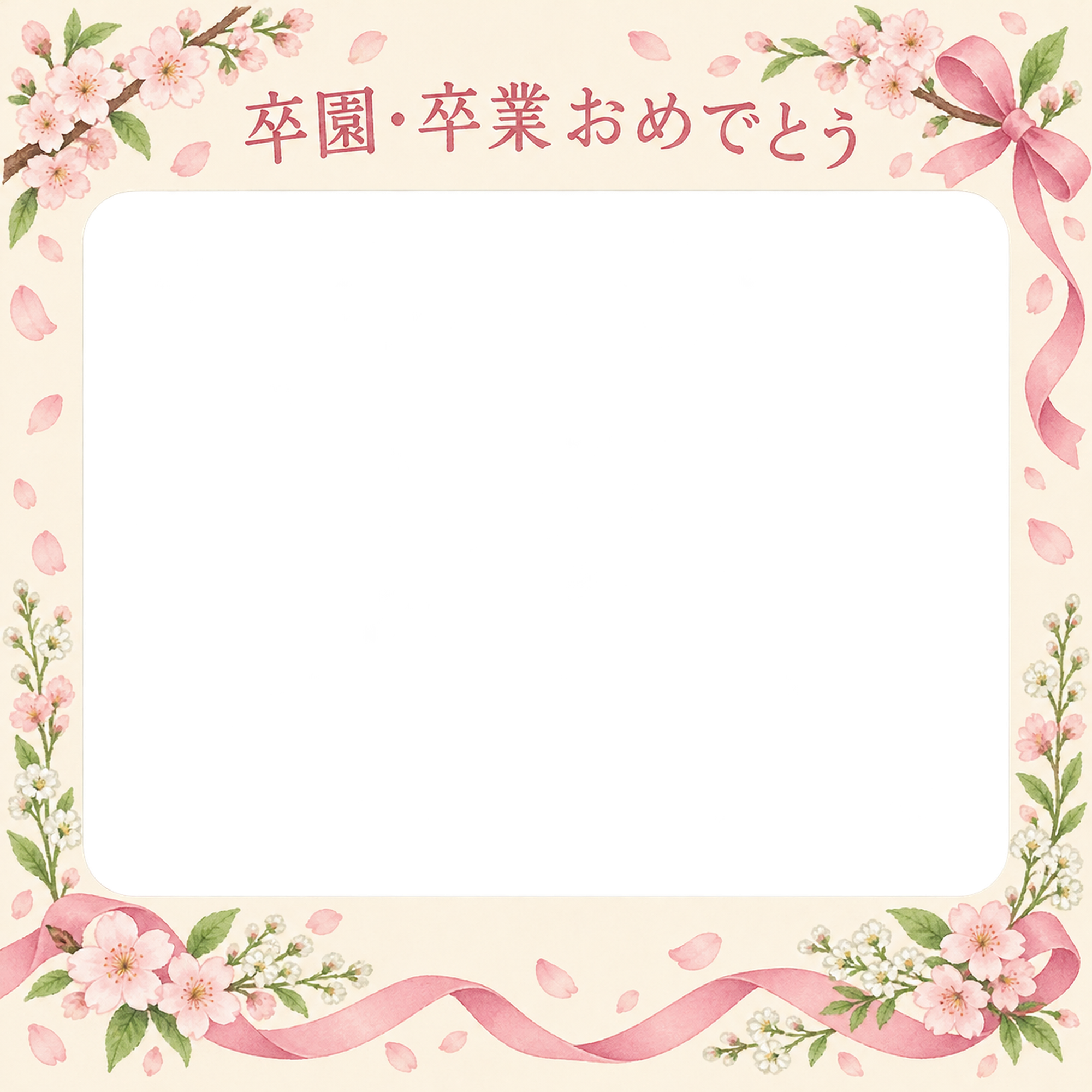 桜とリボンの卒園・卒業の集合写真写真フレーム｜桜とお祝いの花・無料イラスト 100864に写真・文字を入れる