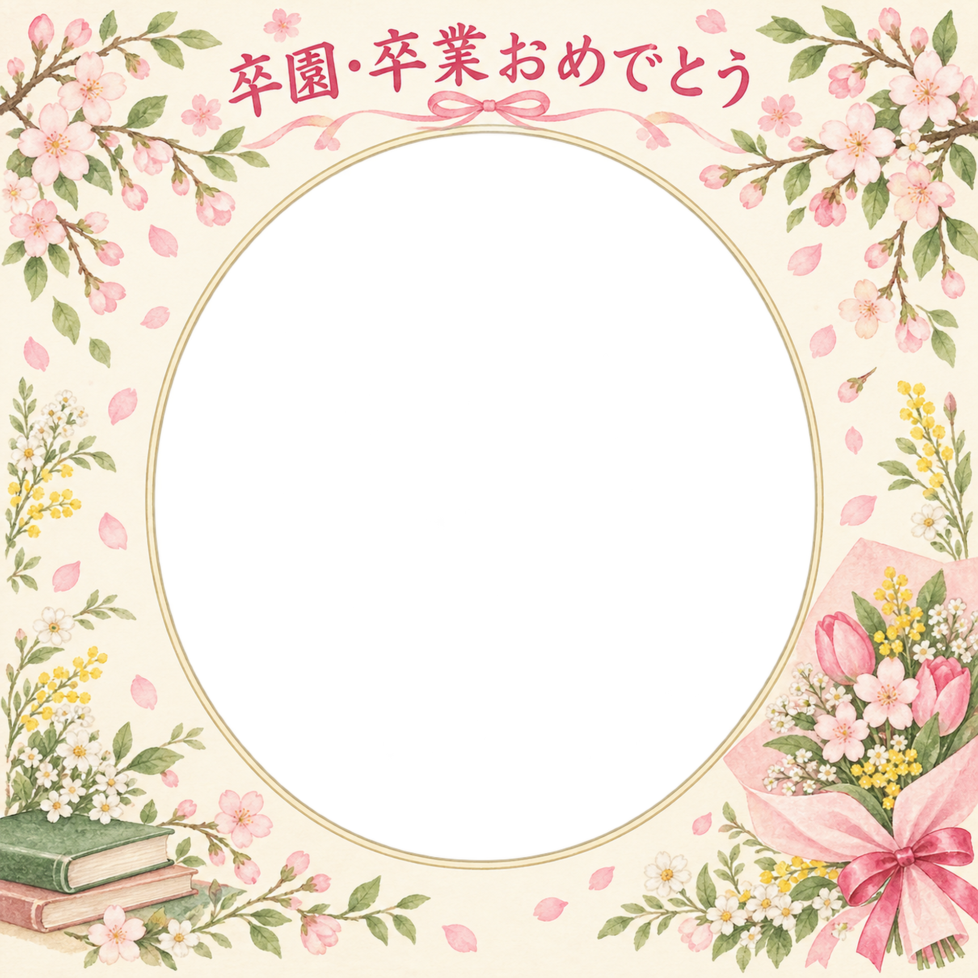 贈る花束の卒園・卒業の集合写真写真フレーム｜桜とお祝いの花・無料イラスト 100866に写真・文字を入れる