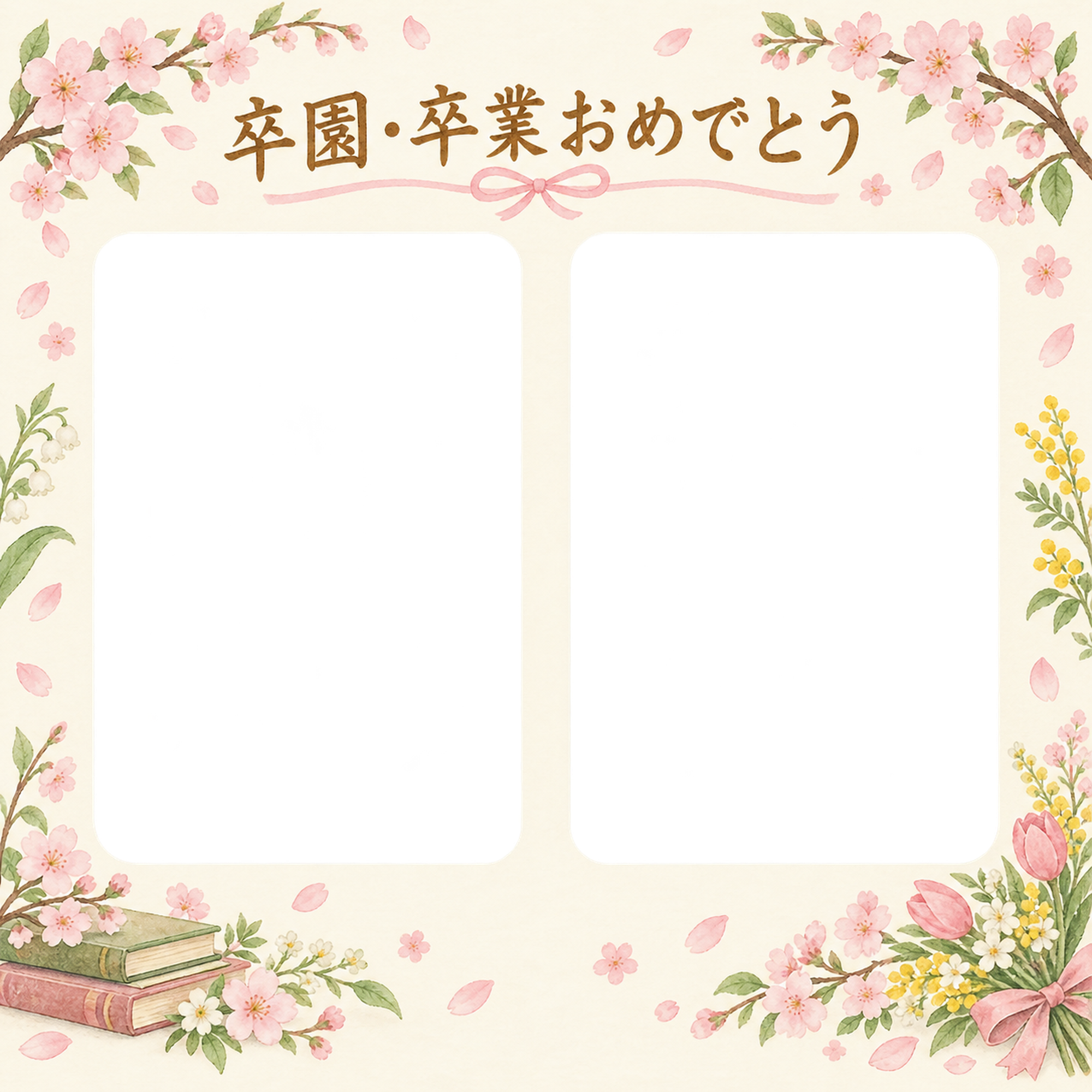 ふたつの思い出の卒園・卒業の集合写真写真フレーム｜桜とお祝いの花・無料イラスト 100868に写真・文字を入れる