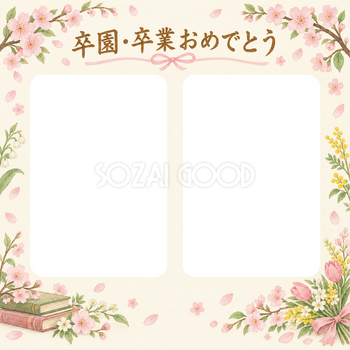 ふたつの思い出の卒園・卒業の集合写真写真フレーム｜桜とお祝いの花・無料イラスト 100868