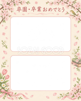 縦に並ぶ記念写真の卒園・卒業の集合写真写真フレーム｜桜とお祝いの花・無料イラスト 100869