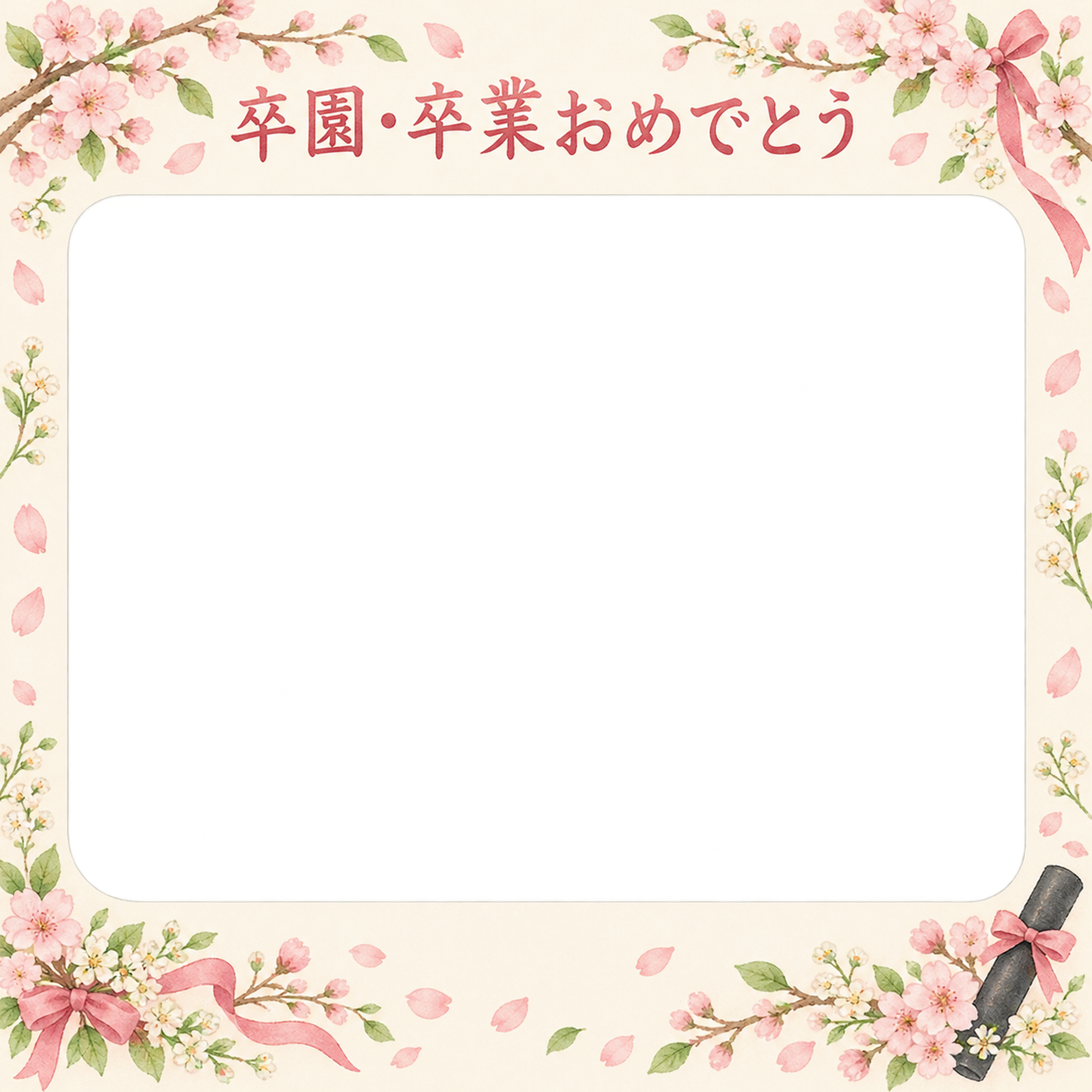 花とお祝い飾りの卒園・卒業の集合写真写真フレーム｜桜とお祝いの花・無料イラスト 100870に写真・文字を入れる