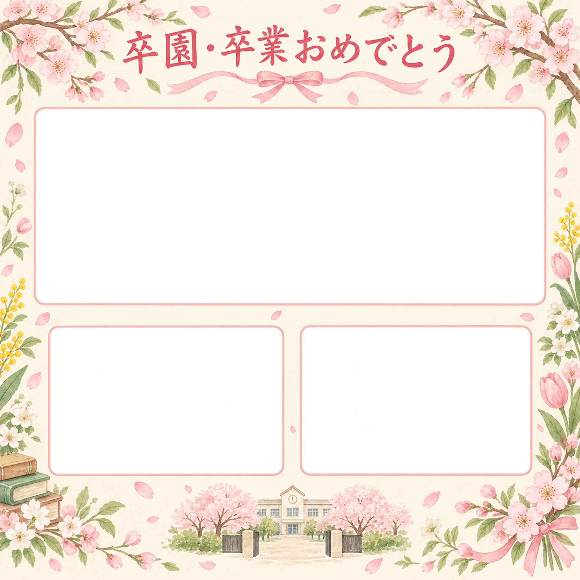 みんなの思い出の卒園・卒業の集合写真写真フレーム｜桜とお祝いの花・無料イラスト 100871に写真・文字を入れる