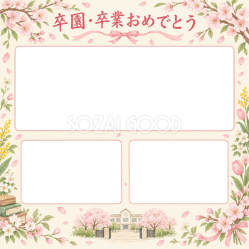 みんなの思い出の卒園・卒業の集合写真写真フレーム｜桜とお祝いの花・無料イラスト 100871