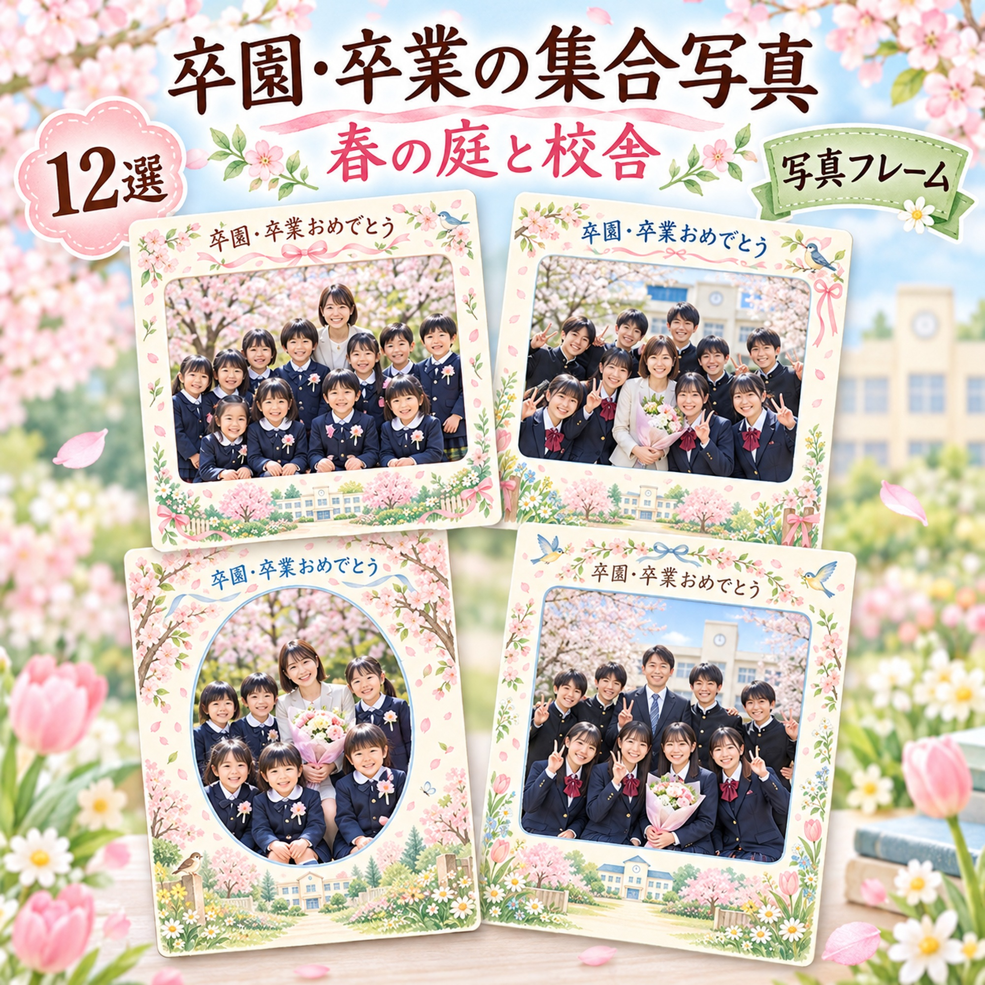 卒園・卒業の集合写真写真フレーム12選｜春の庭と校舎の無料イラスト素材 100876に写真・文字を入れる