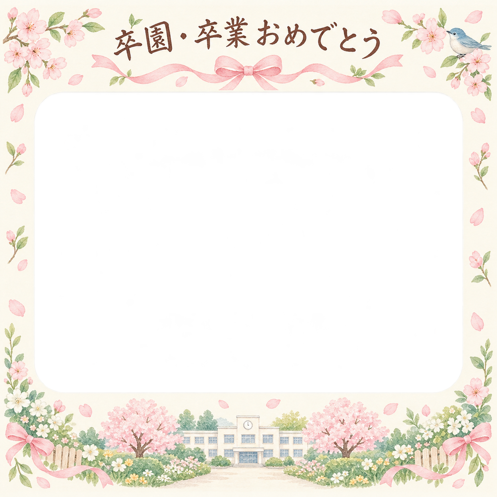 桜とリボンの卒園・卒業の集合写真写真フレーム｜春の庭と校舎・無料イラスト 100877に写真・文字を入れる