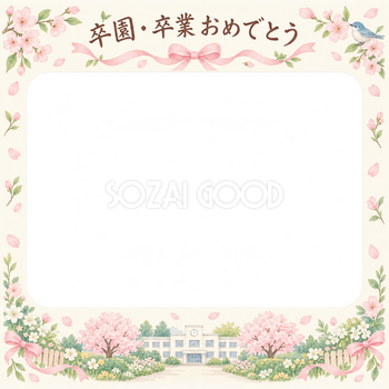 桜とリボンの卒園・卒業の集合写真写真フレーム｜春の庭と校舎・無料イラスト 100877