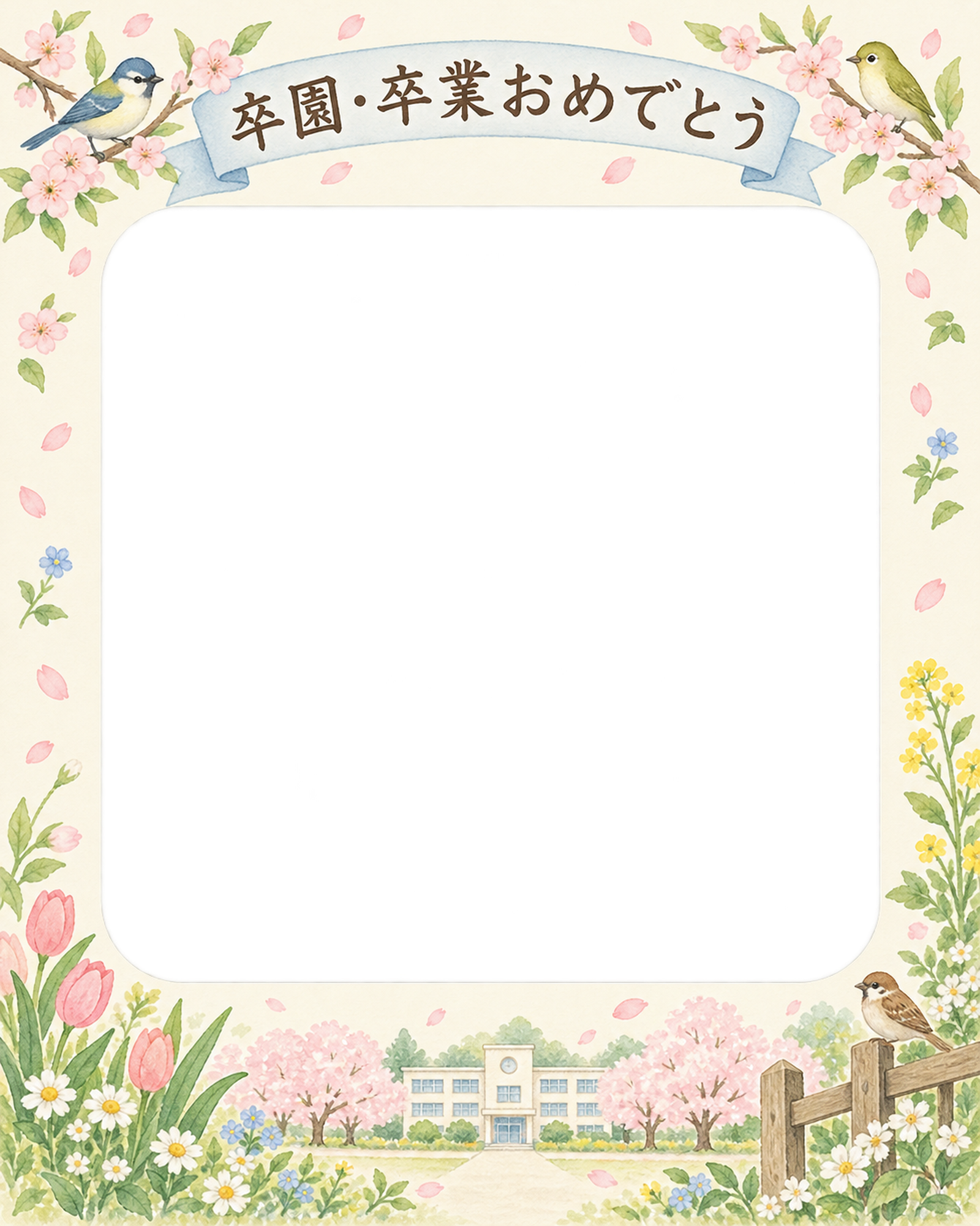 春の花と小鳥の卒園・卒業の集合写真写真フレーム｜春の庭と校舎・無料イラスト 100878に写真・文字を入れる