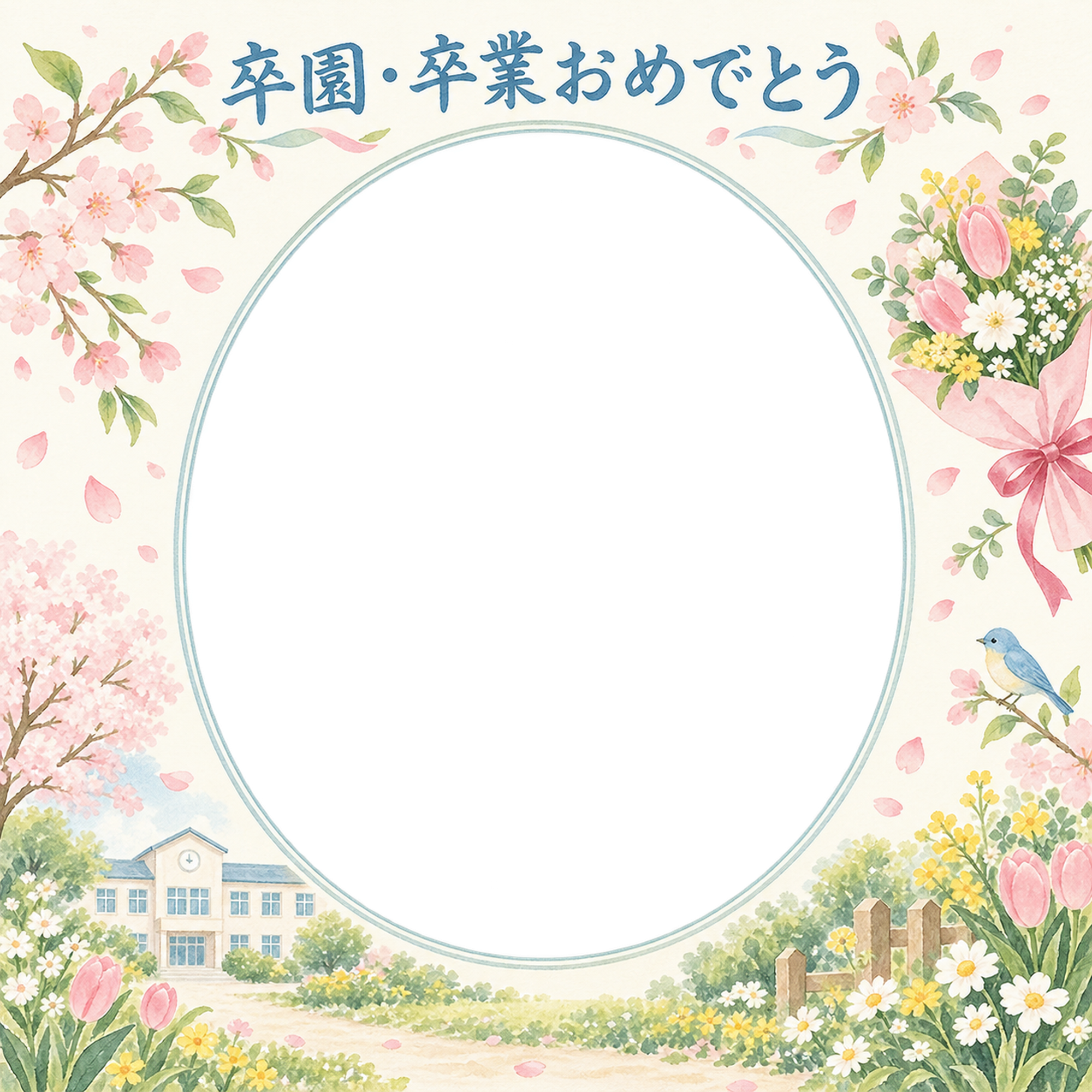 贈る花束の卒園・卒業の集合写真写真フレーム｜春の庭と校舎・無料イラスト 100879に写真・文字を入れる