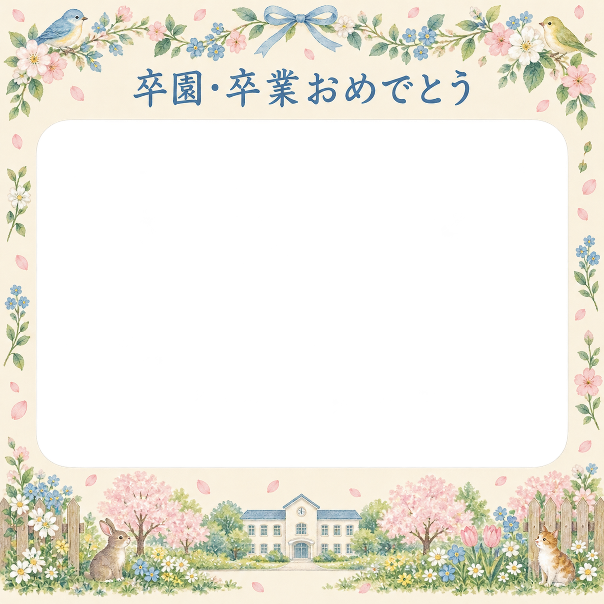 花のガーランドの卒園・卒業の集合写真写真フレーム｜春の庭と校舎・無料イラスト 100880に写真・文字を入れる