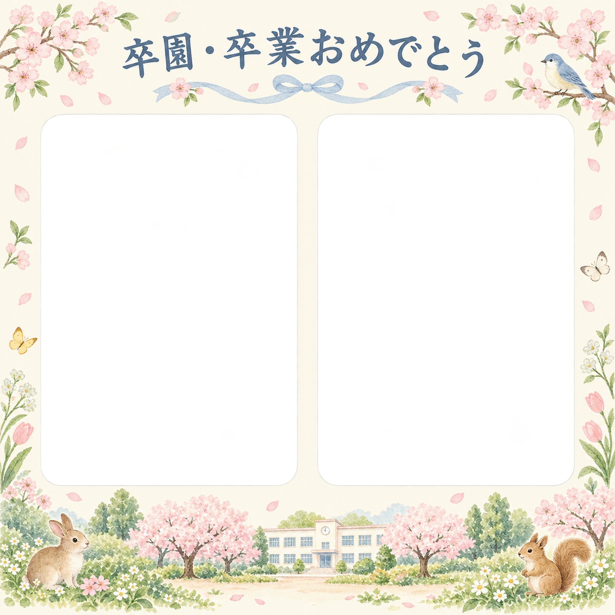 ふたつの思い出の卒園・卒業の集合写真写真フレーム｜春の庭と校舎・無料イラスト 100881に写真・文字を入れる