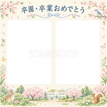 ふたつの思い出の卒園・卒業の集合写真写真フレーム｜春の庭と校舎・無料イラスト 100881