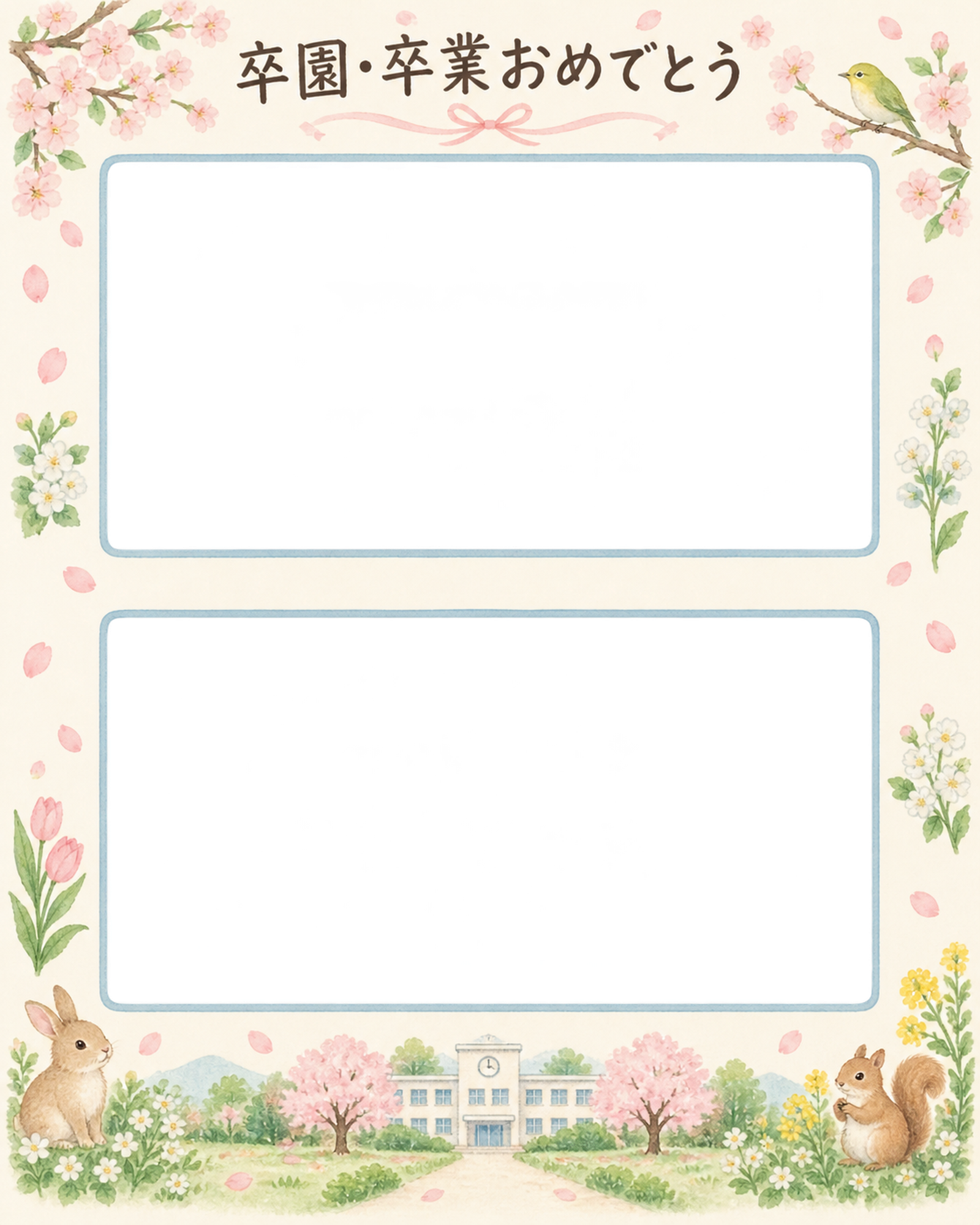 縦に並ぶ記念写真の卒園・卒業の集合写真写真フレーム｜春の庭と校舎・無料イラスト 100882に写真・文字を入れる
