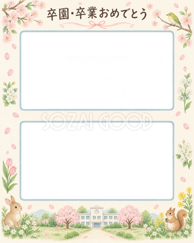縦に並ぶ記念写真の卒園・卒業の集合写真写真フレーム｜春の庭と校舎・無料イラスト 100882