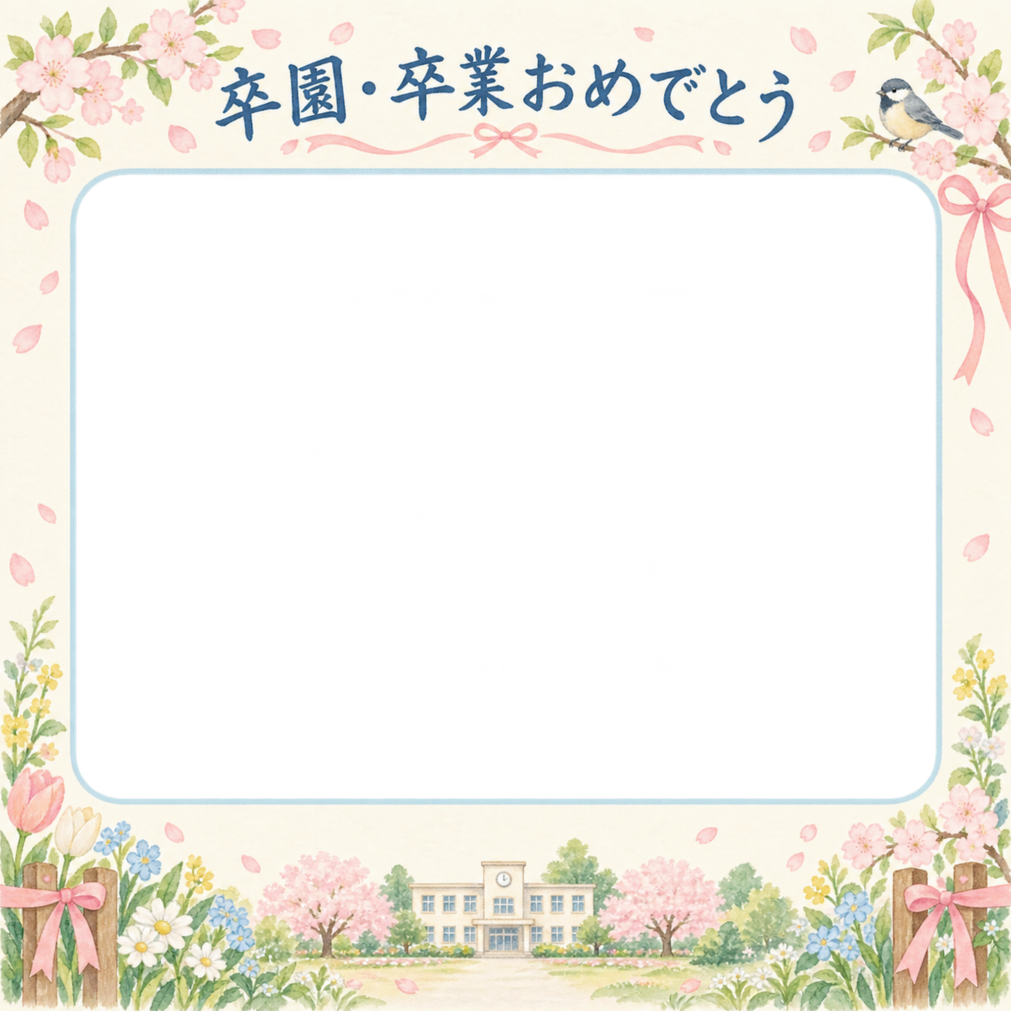 花とお祝い飾りの卒園・卒業の集合写真写真フレーム｜春の庭と校舎・無料イラスト 100883に写真・文字を入れる