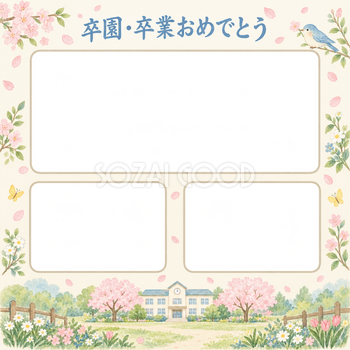 みんなの思い出の卒園・卒業の集合写真写真フレーム｜春の庭と校舎・無料イラスト 100884