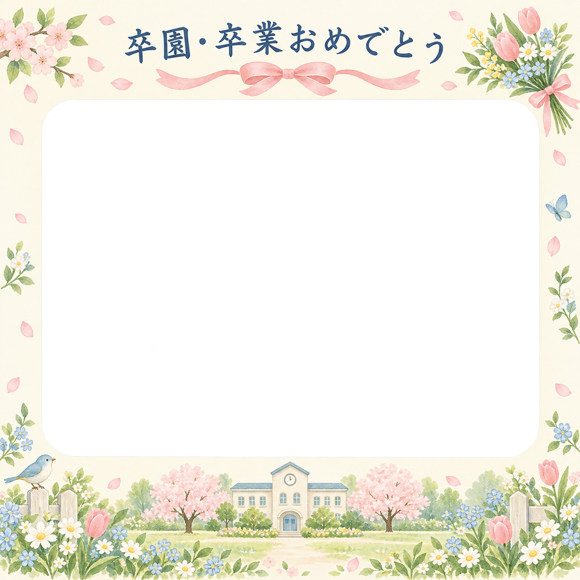花束とリボンの卒園・卒業の集合写真写真フレーム｜春の庭と校舎・無料イラスト 100886に写真・文字を入れる