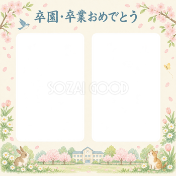 並んだ記念写真の卒園・卒業の集合写真写真フレーム｜春の庭と校舎・無料イラスト 100887
