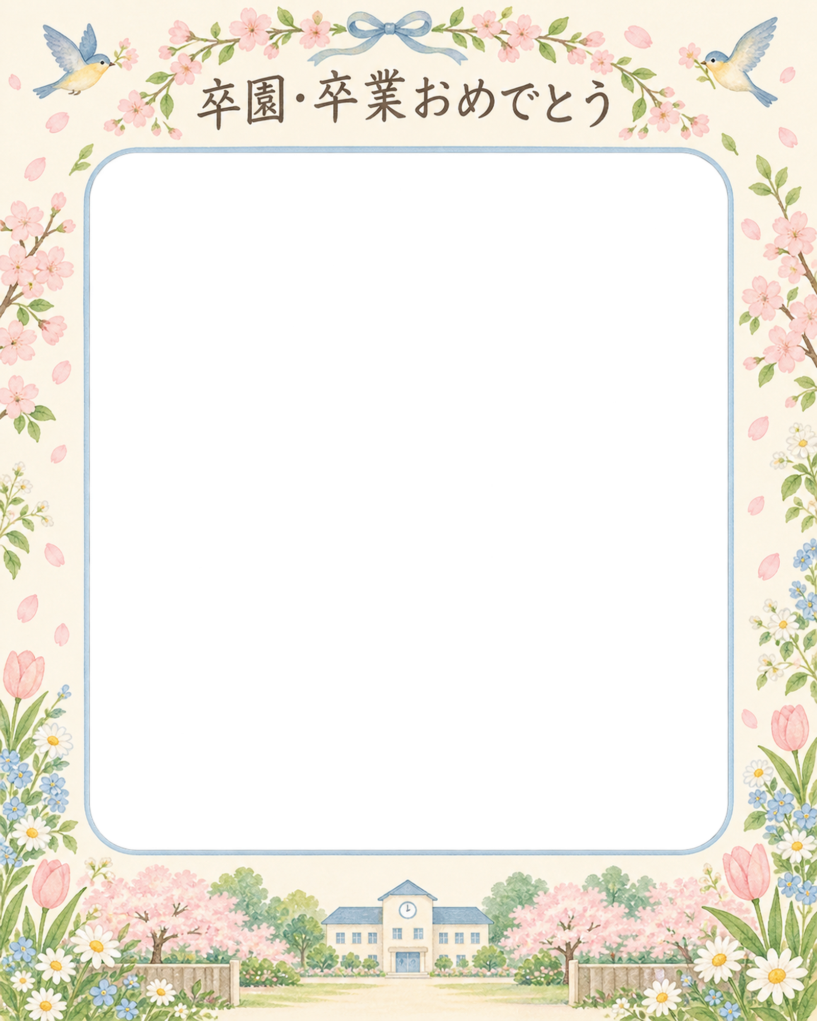 春の花輪の卒園・卒業の集合写真写真フレーム｜春の庭と校舎・無料イラスト 100888に写真・文字を入れる