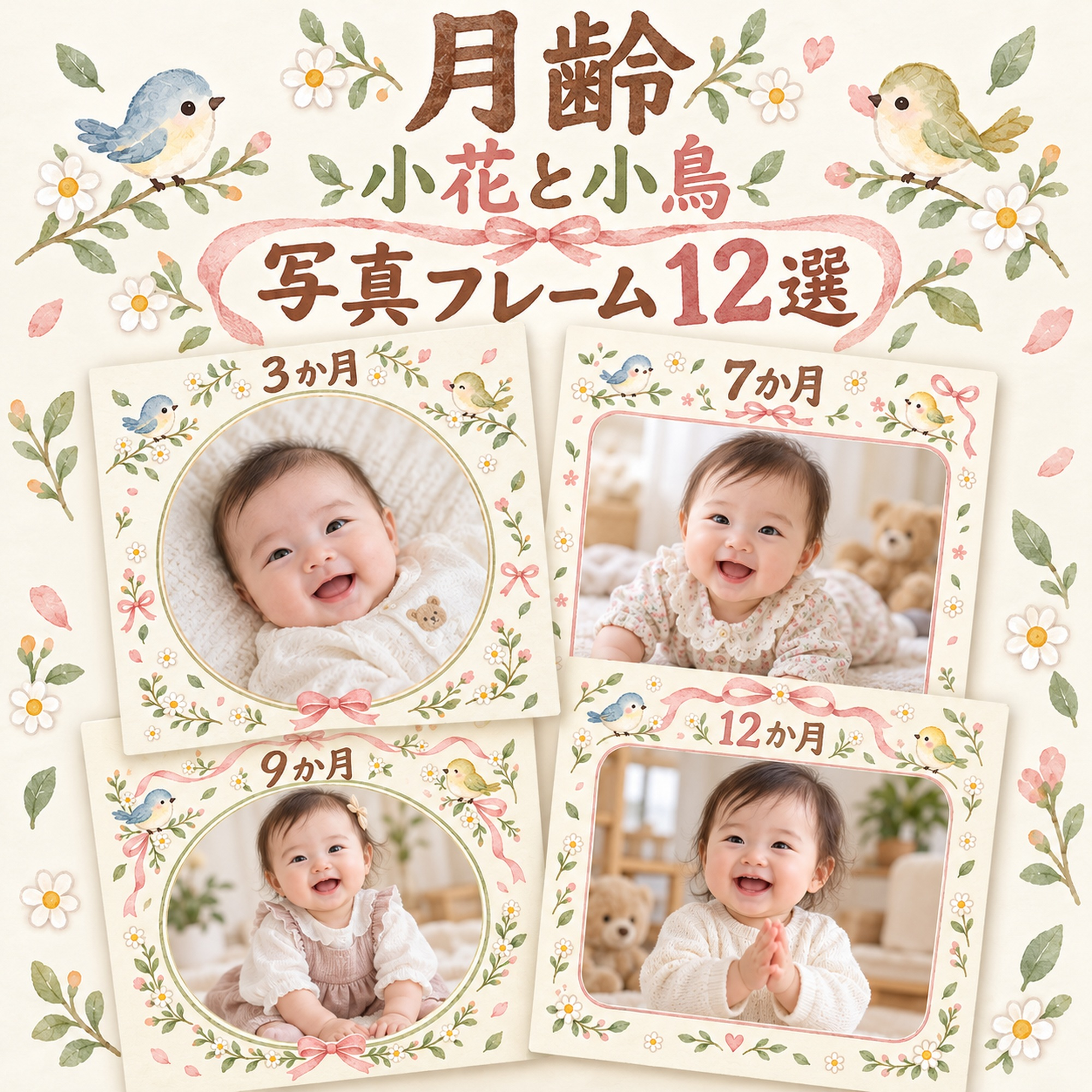 月齢写真フレーム12選｜小花と小鳥の無料イラスト素材 100889に写真・文字を入れる