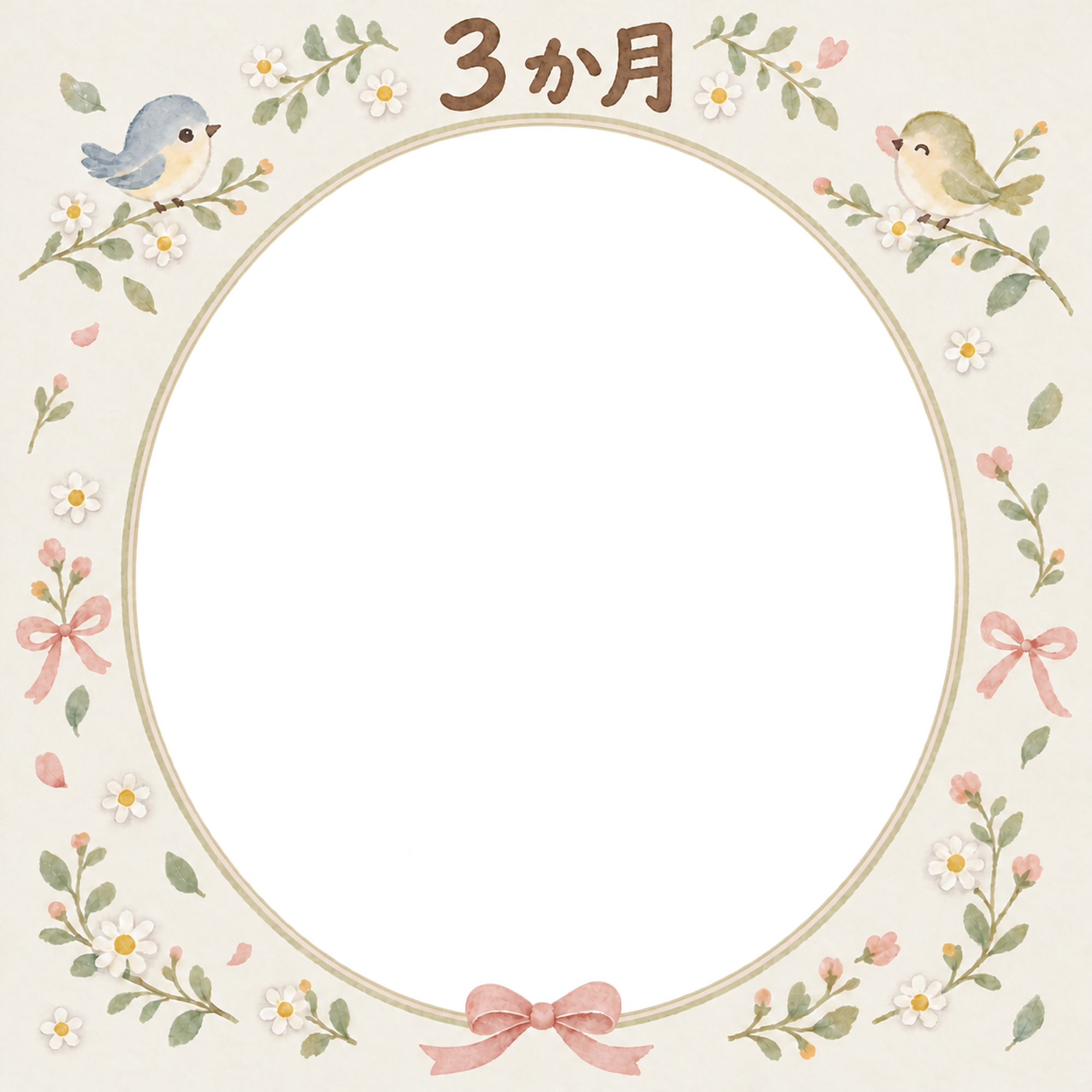 月齢3か月写真フレーム｜小花と小鳥の無料イラスト 100892に写真・文字を入れる