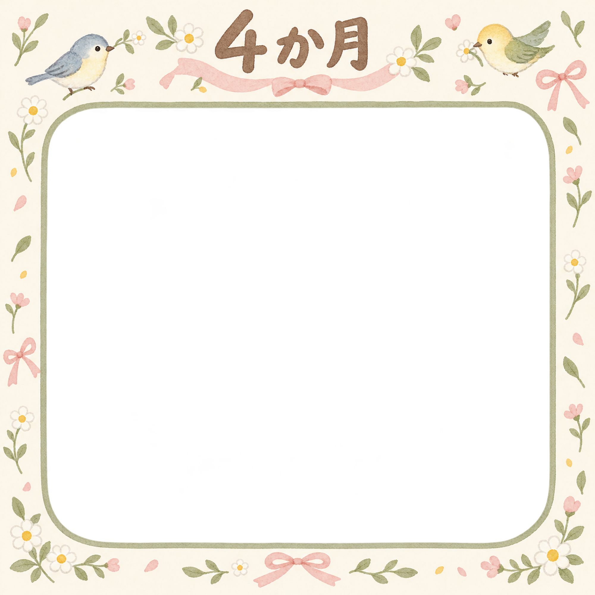 月齢4か月写真フレーム｜小花と小鳥の無料イラスト 100893に写真・文字を入れる