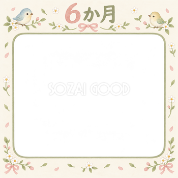 月齢6か月写真フレーム｜小花と小鳥の無料イラスト 100895