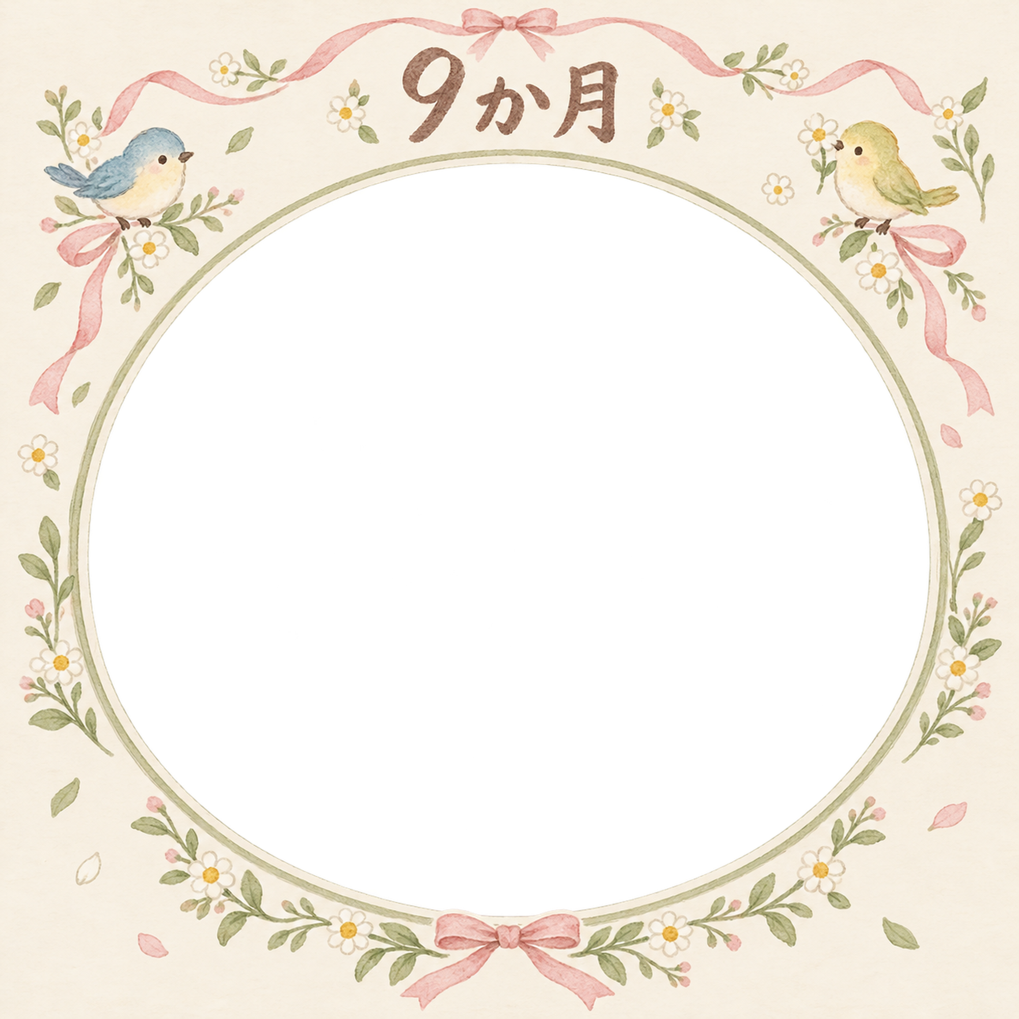 月齢9か月写真フレーム｜小花と小鳥の無料イラスト 100898に写真・文字を入れる