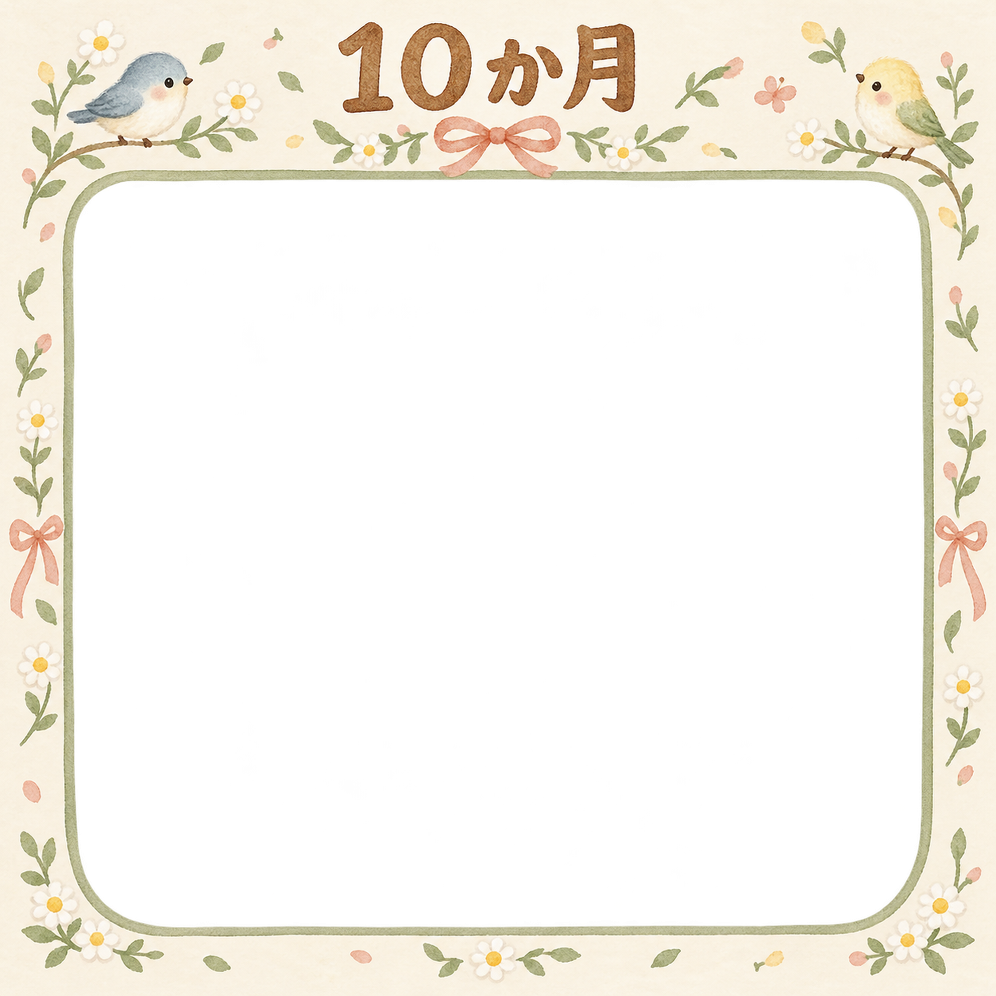 月齢10か月写真フレーム｜小花と小鳥の無料イラスト 100899に写真・文字を入れる