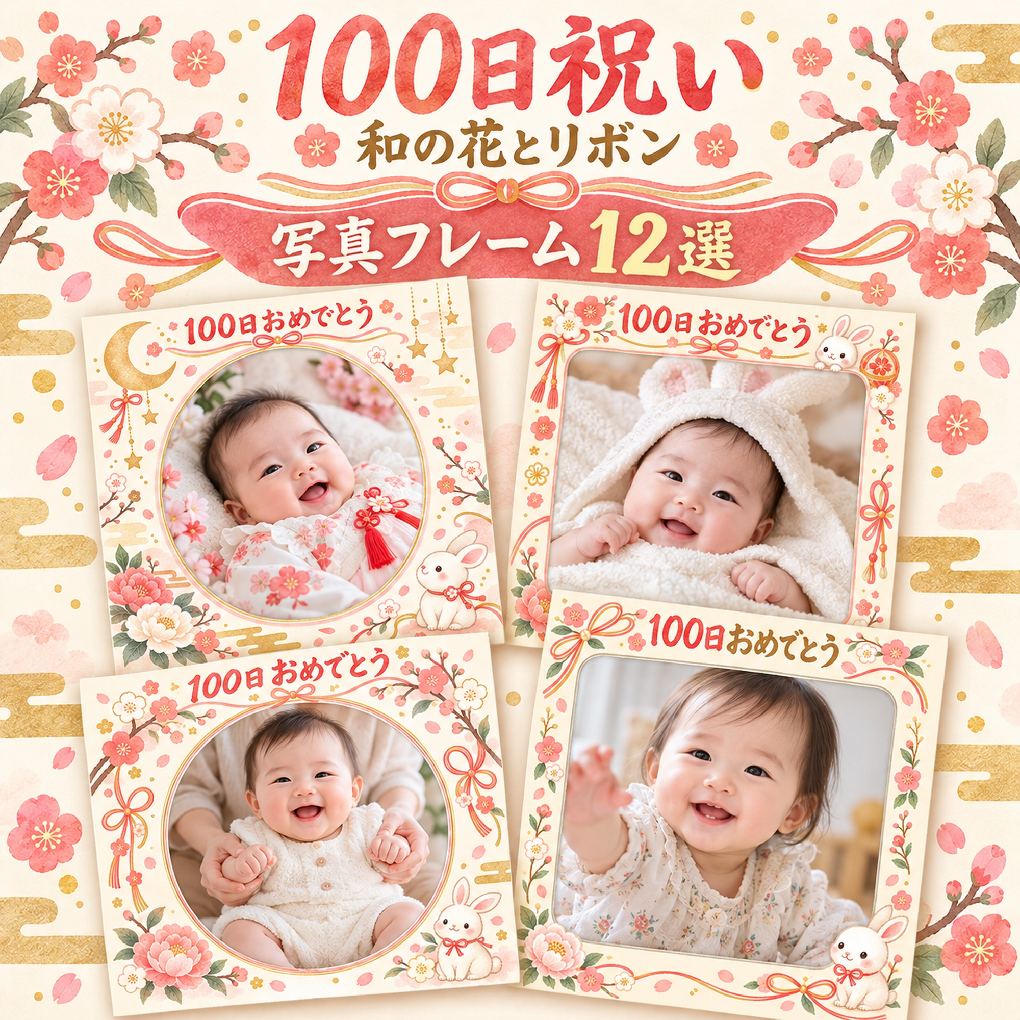 100日祝い写真フレーム12選｜和の花とリボンの無料イラスト素材 100902に写真・文字を入れる
