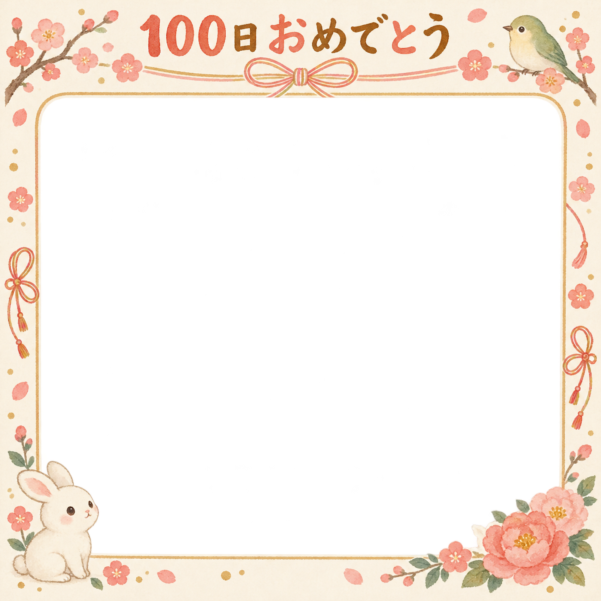 100日祝い写真フレーム｜小花と小鳥・和の花とリボンの無料イラスト 100904に写真・文字を入れる