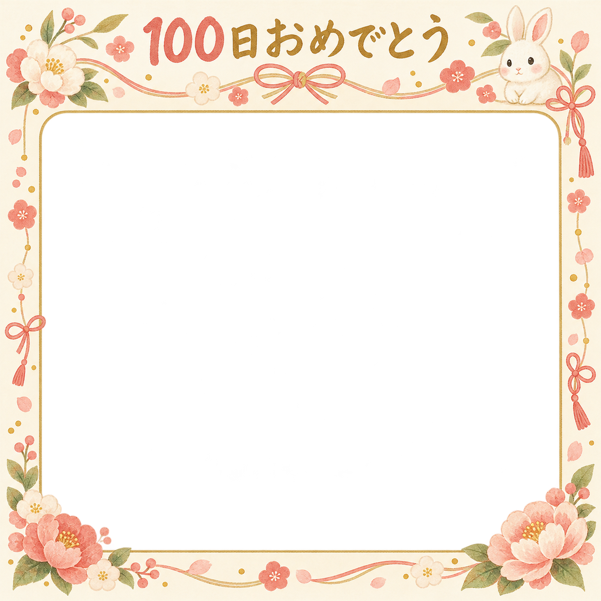 100日祝い写真フレーム｜花のガーランド・和の花とリボンの無料イラスト 100906に写真・文字を入れる