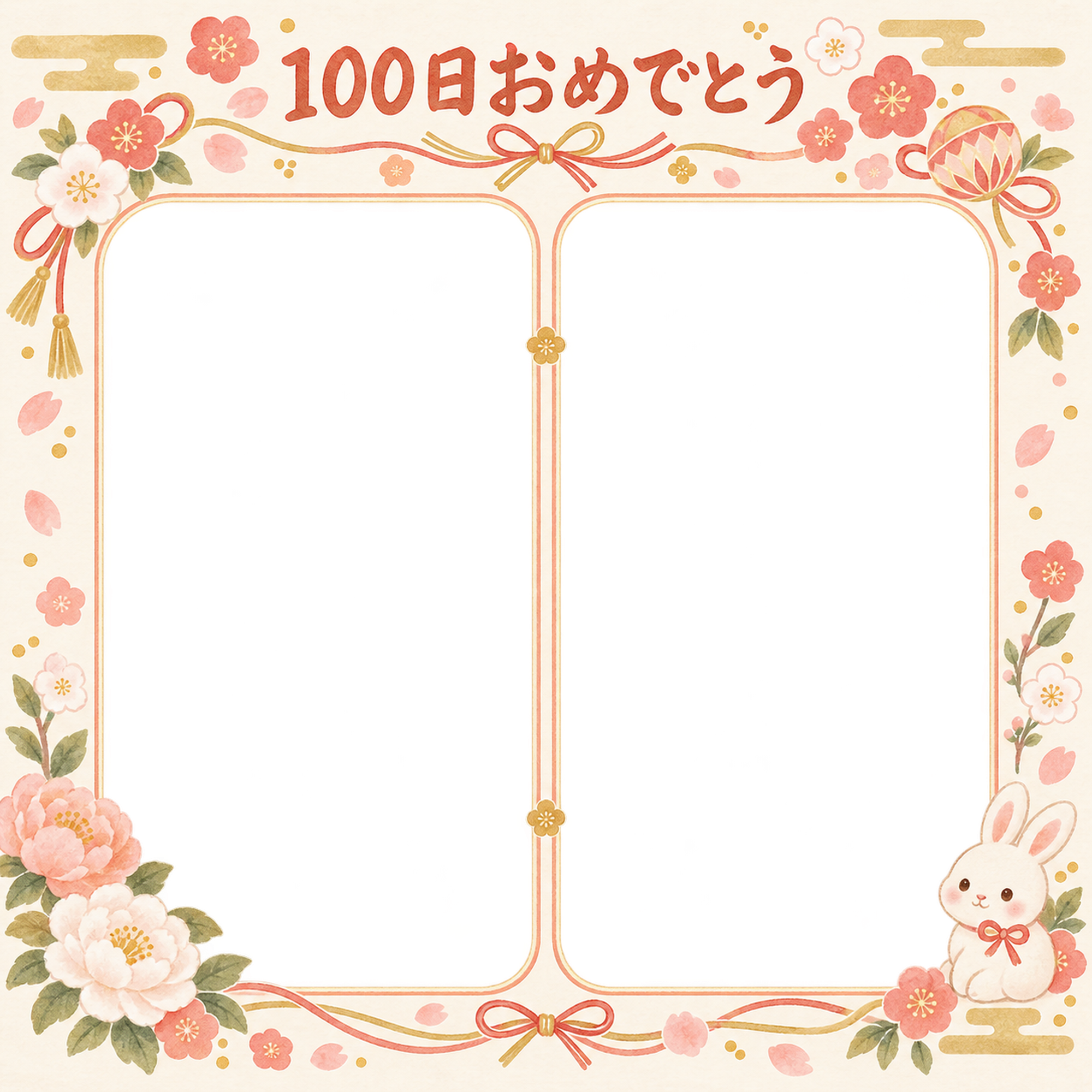 100日祝い写真フレーム｜ふたつの思い出・和の花とリボンの無料イラスト 100907に写真・文字を入れる