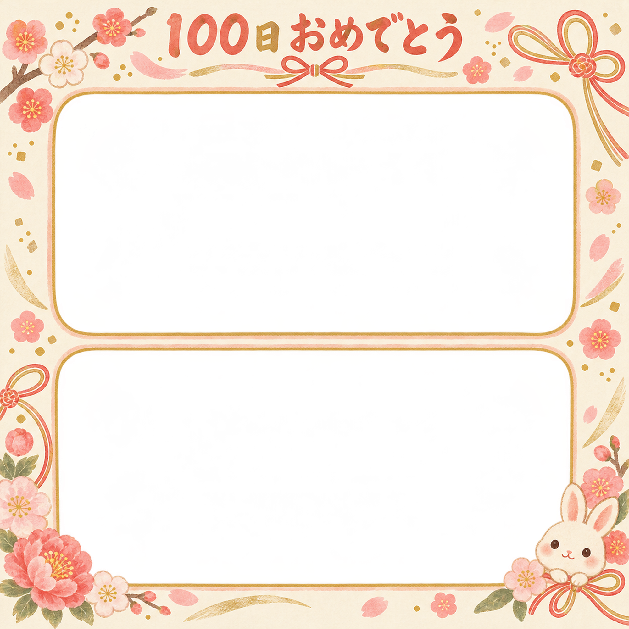 100日祝い写真フレーム｜縦に並ぶ成長写真・和の花とリボンの無料イラスト 100908に写真・文字を入れる