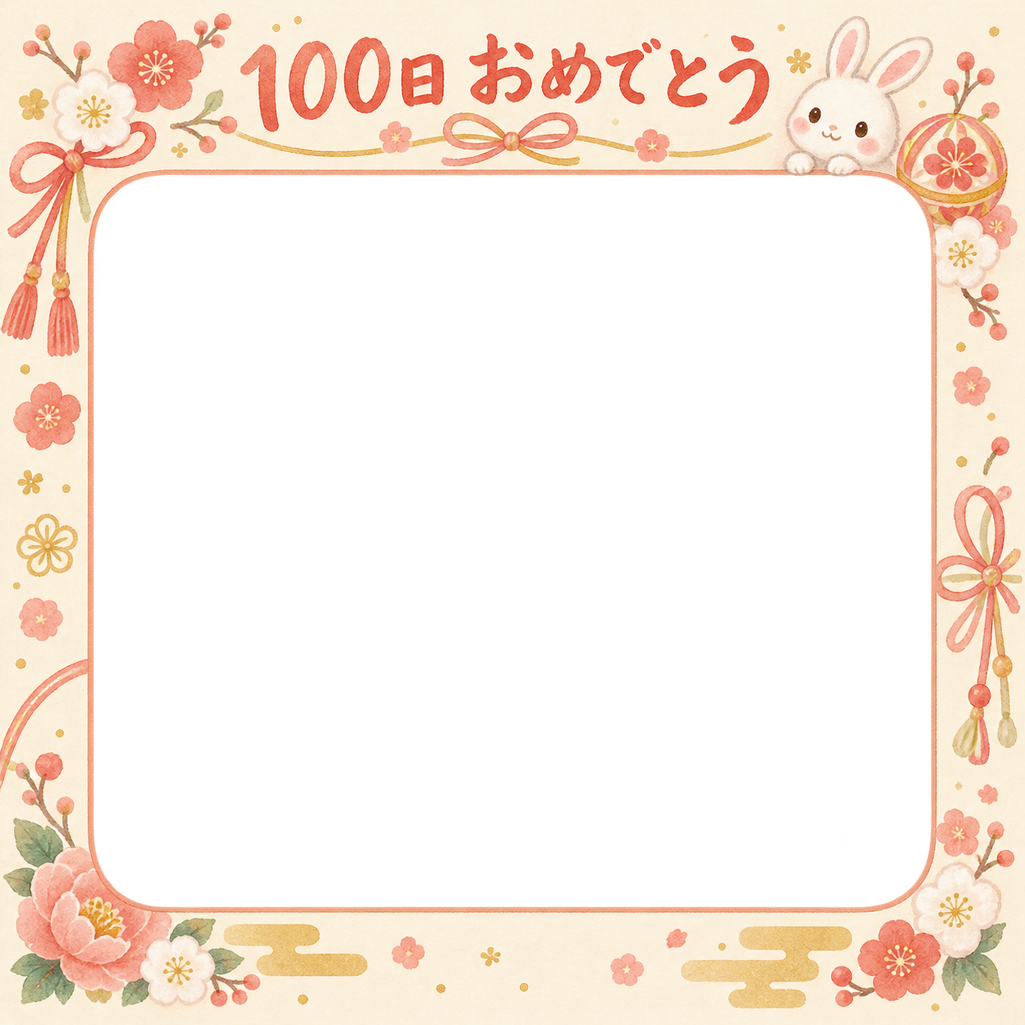 100日祝い写真フレーム｜リボンとお祝い飾り・和の花とリボンの無料イラスト 100909に写真・文字を入れる