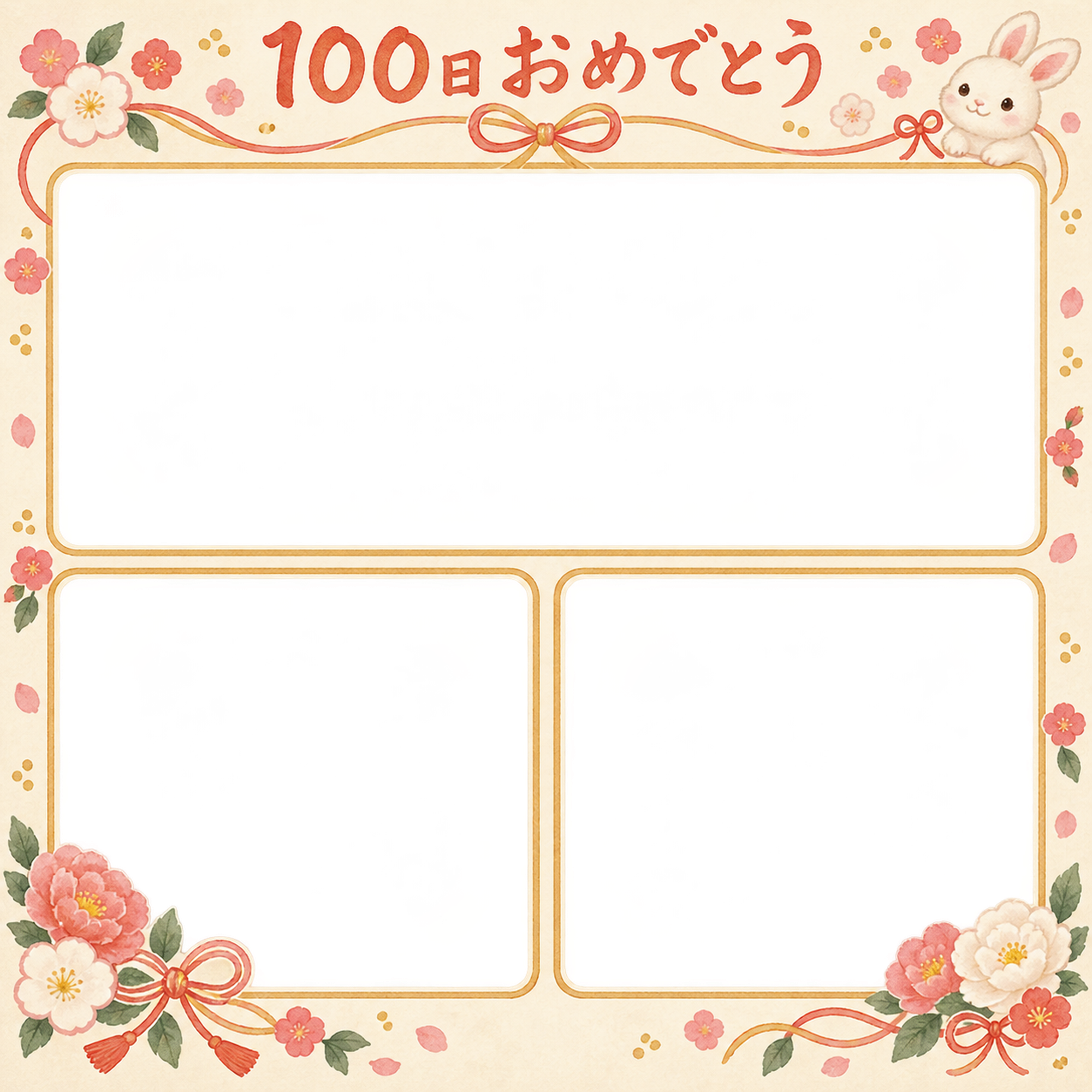 100日祝い写真フレーム｜家族の思い出・和の花とリボンの無料イラスト 100910に写真・文字を入れる