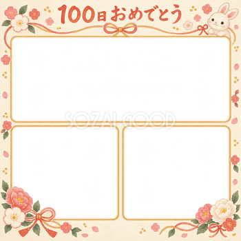 100日祝い写真フレーム｜家族の思い出・和の花とリボンの無料イラスト 100910