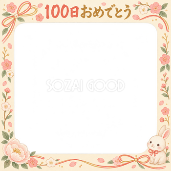 100日祝い写真フレーム｜小花の花輪・和の花とリボンの無料イラスト 100914