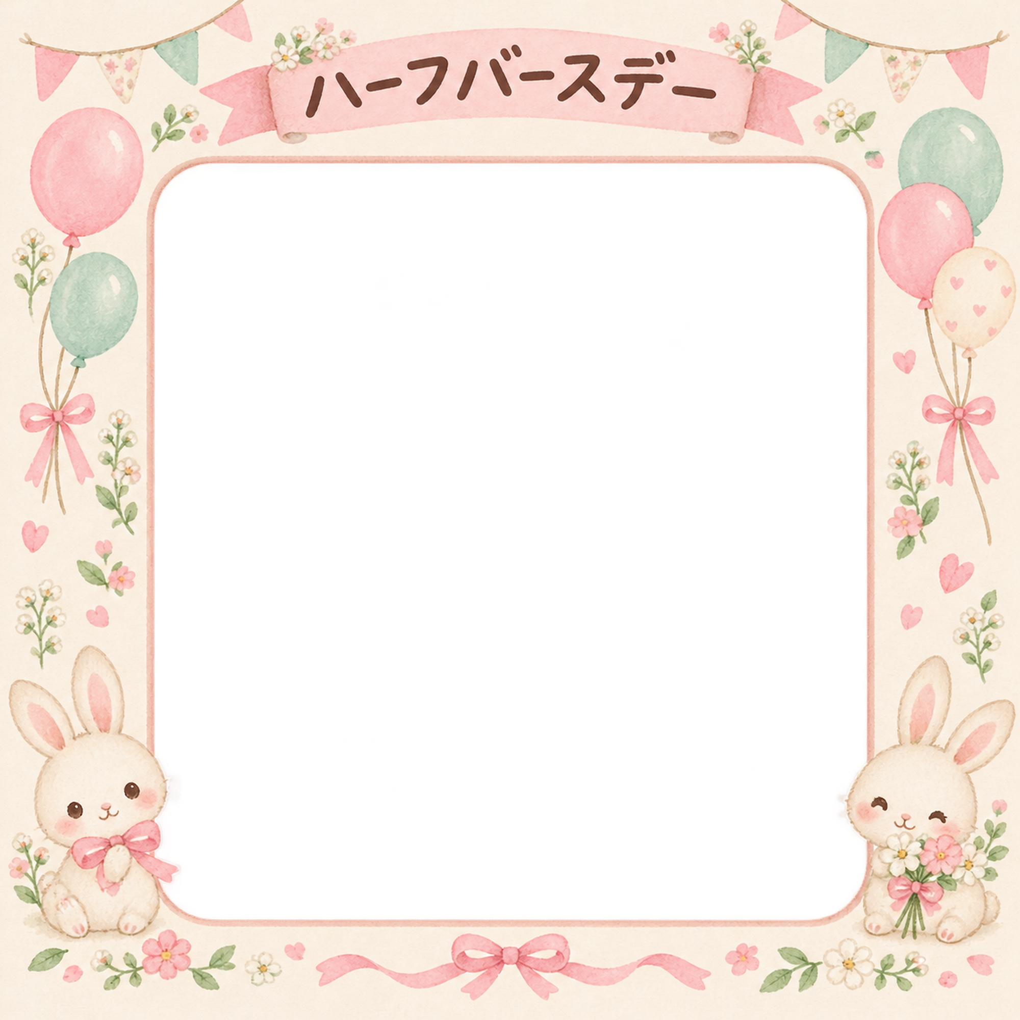 ハーフバースデー写真フレーム｜うさぎとリボン・花と風船の無料イラスト 100916に写真・文字を入れる